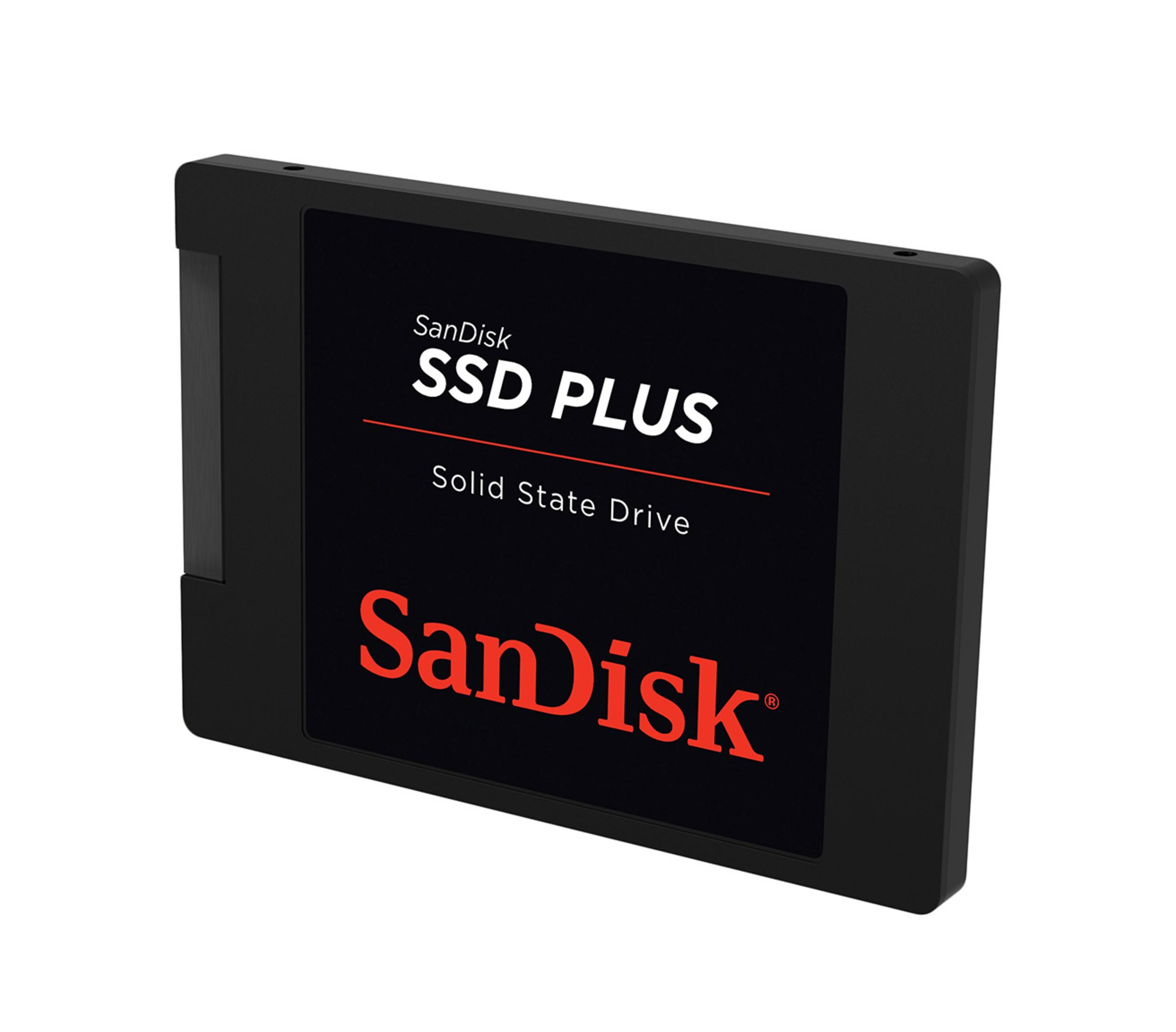 Schwarze Sandisk SSD Plus in einem schwarzen Rahmen mit weißem und rotem Text.