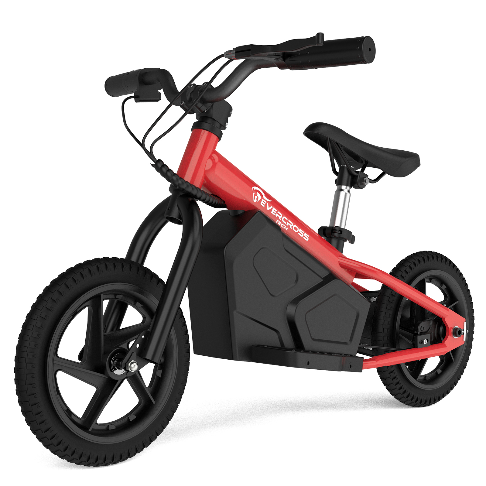 Una bicicleta de equilibrio eléctrica Evercross roja y negra para niños. Ruedas y asiento negros.