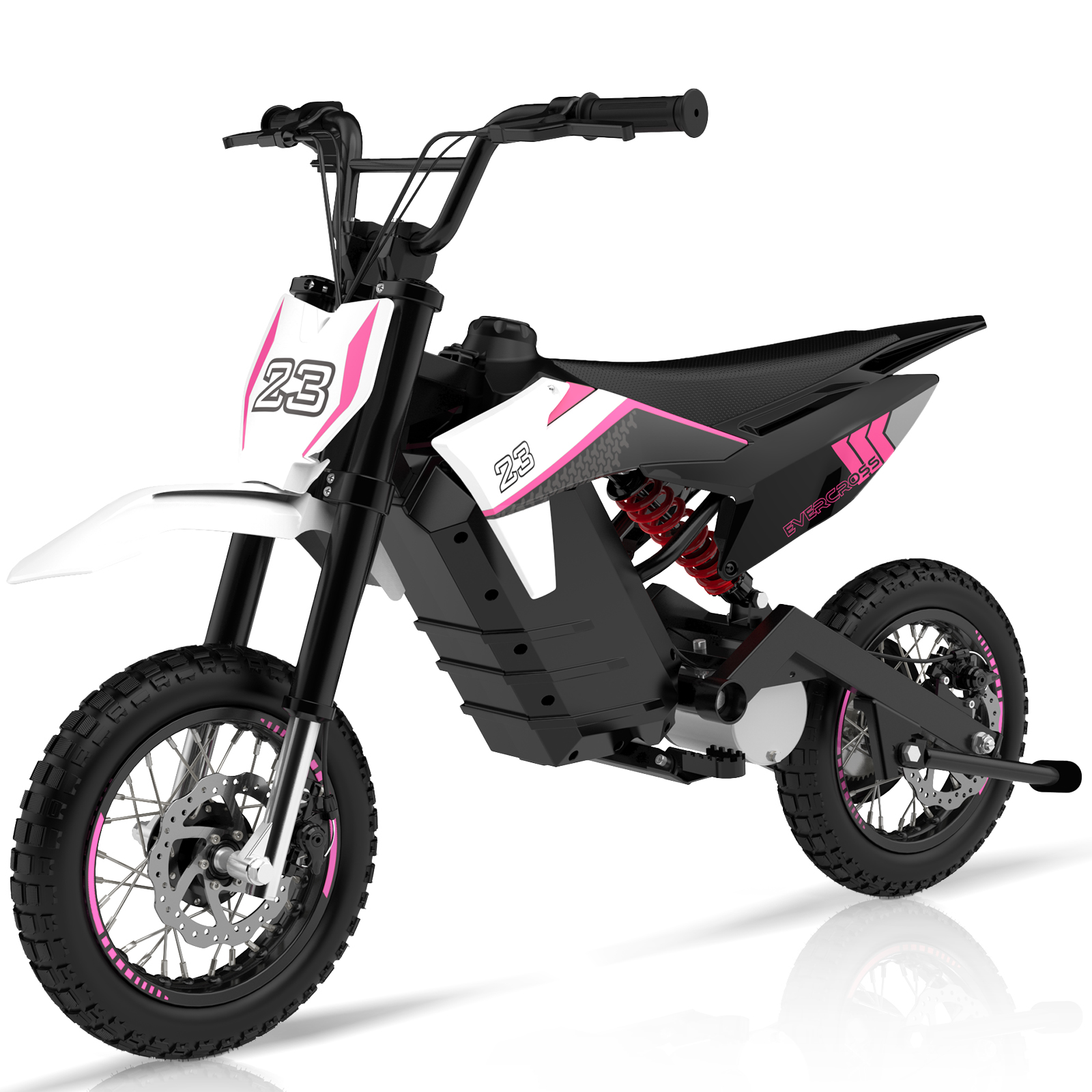 Una moto de cross eléctrica blanca y rosa con manillar y ruedas negras sobre una superficie blanca.