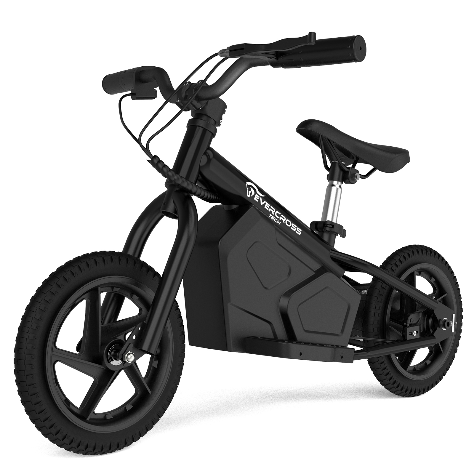Bicicleta de equilibrio eléctrica Evercross negra. Tiene neumáticos negros y un asiento negro.