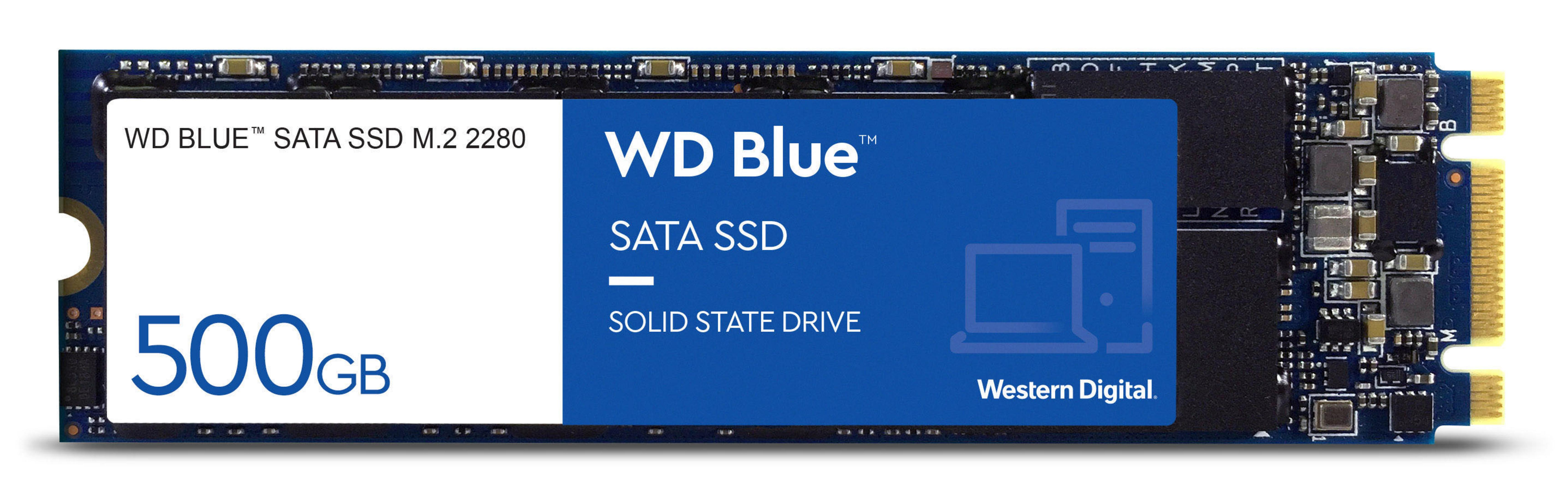 Unità SSD SATA WD_Blue blu e bianca, con sfondo bianco.