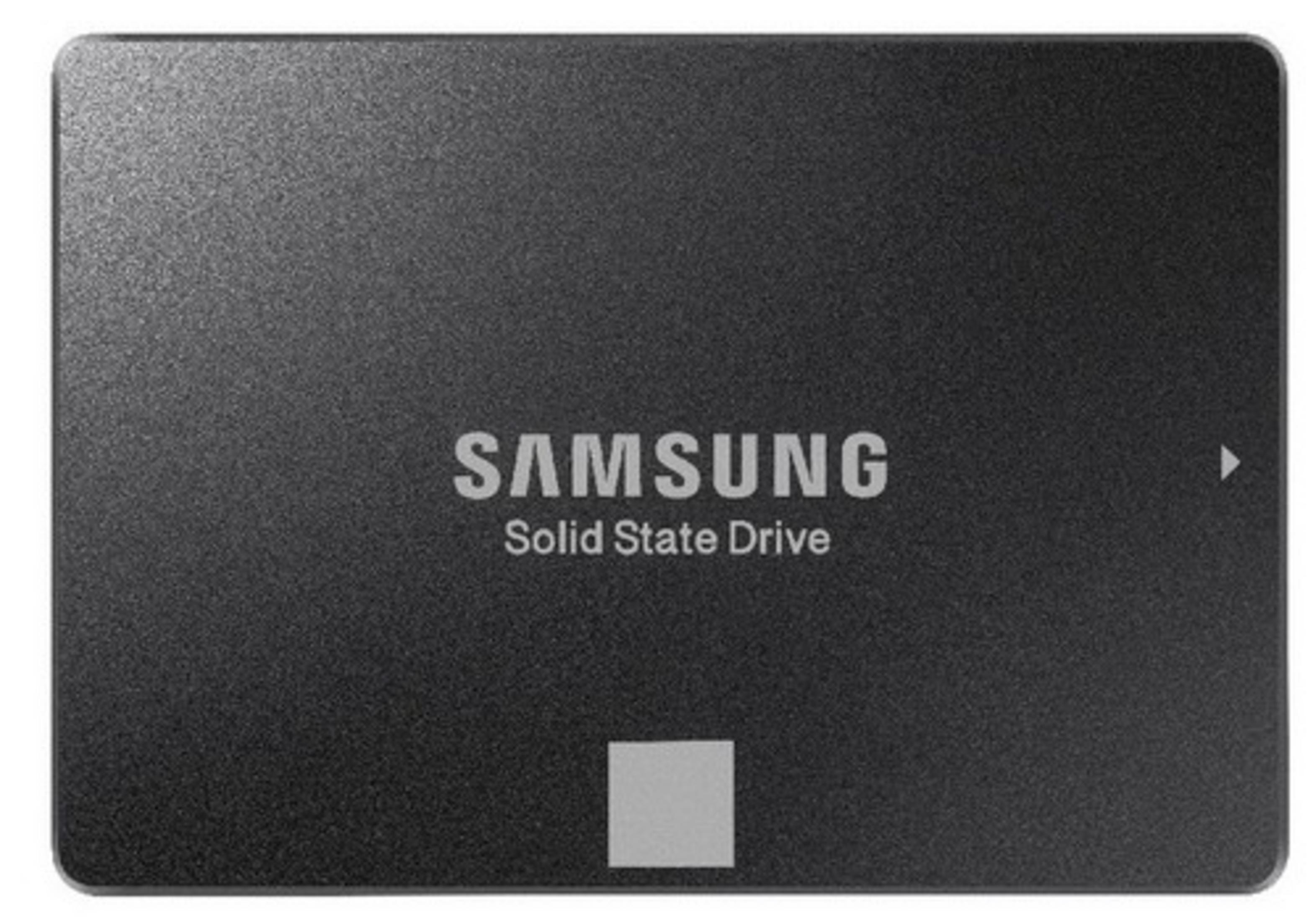 Schwarze Samsung Solid State Drive mit weißem SAMSUNG-Text darauf.