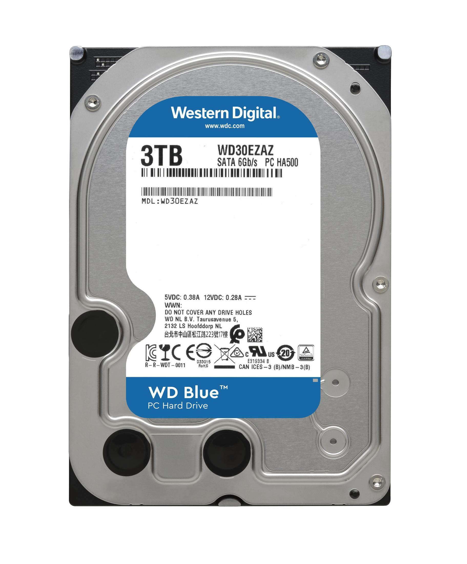 Srebrny dysk twardy z niebieską etykietą. Widnieje napis 'WD Blue' i '3TB'. Marka to Western Digital.