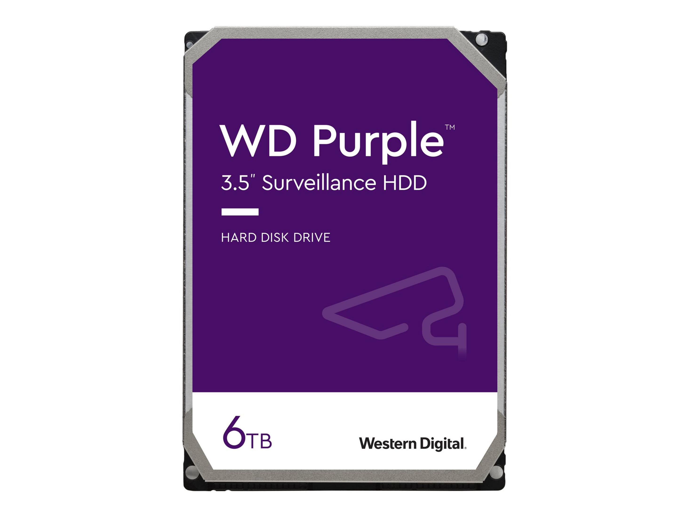 Un disco rigido WD Purple da 6TB viola con testo bianco e un'icona di telecamera di sorveglianza.