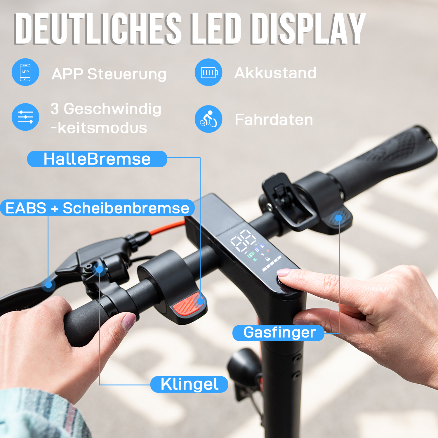 Guidon de trottinette électrique avec écran, boutons et main. Étiquettes pour l'écran LED, les freins et les commandes.