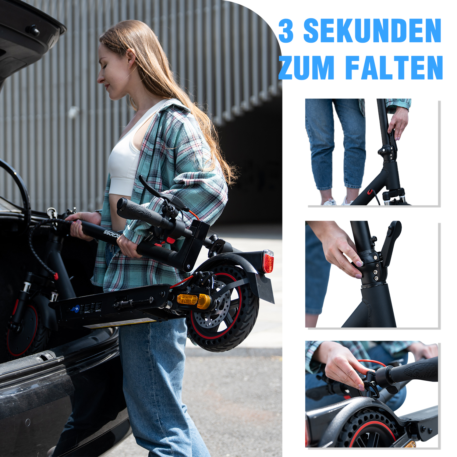 Femme pliant une trottinette noire et rouge, avec des gros plans du mécanisme.