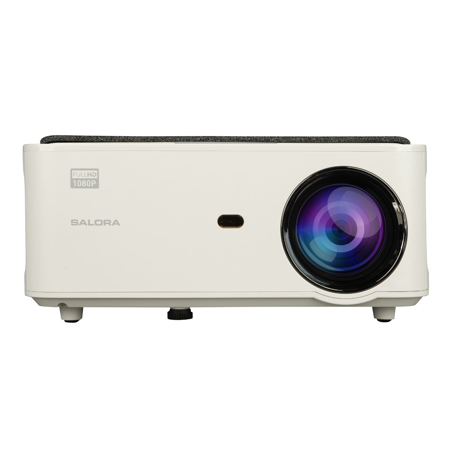 Ein weißer Projektor mit großem Objektiv und Bedienfeld. Es ist ein Full HD 1080p Projektor, SALORA steht auf der Vorderseite.