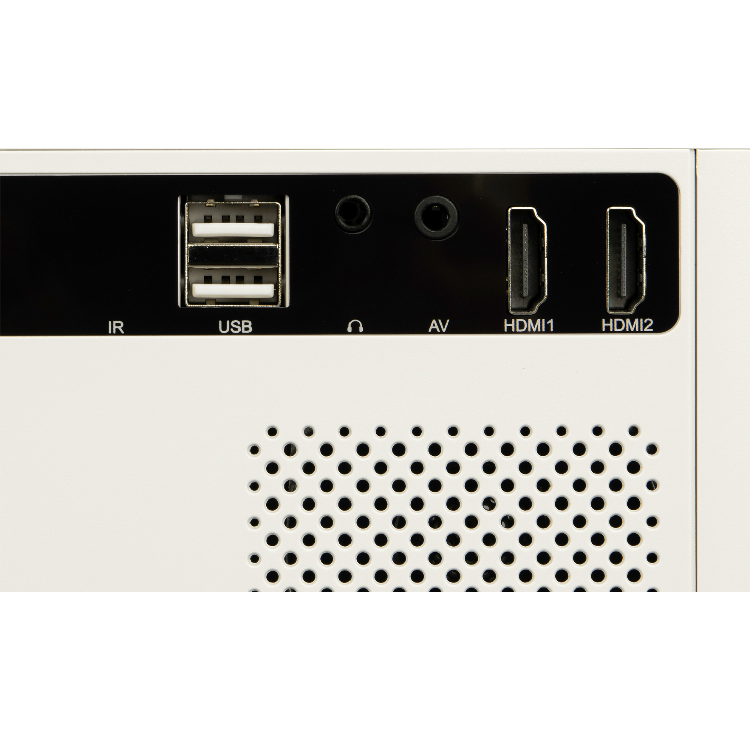 Weißes Gerätepaneel mit Anschlüssen: IR, USB, Kopfhörer, AV, HDMI1, HDMI2. Schwarze Belüftung.
