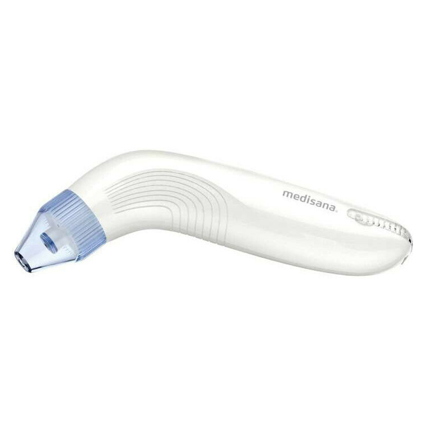 Aspirador nasal blanco y azul, sobre una superficie blanca, toma en ángulo.