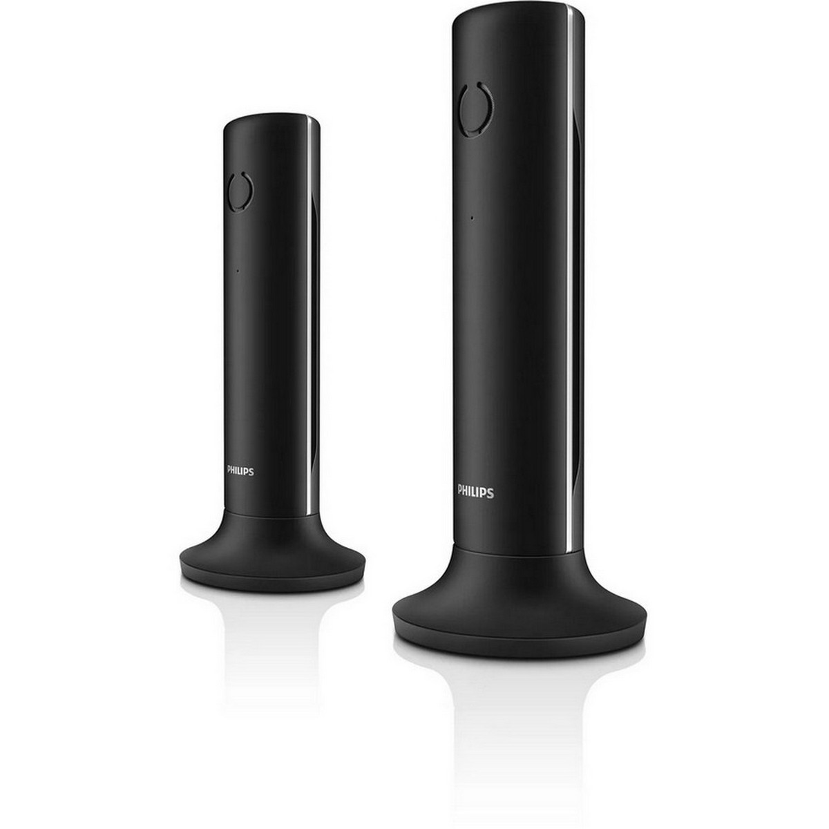 Dos teléfonos inalámbricos Philips negros. Están sobre una superficie blanca y tienen un diseño curvado.