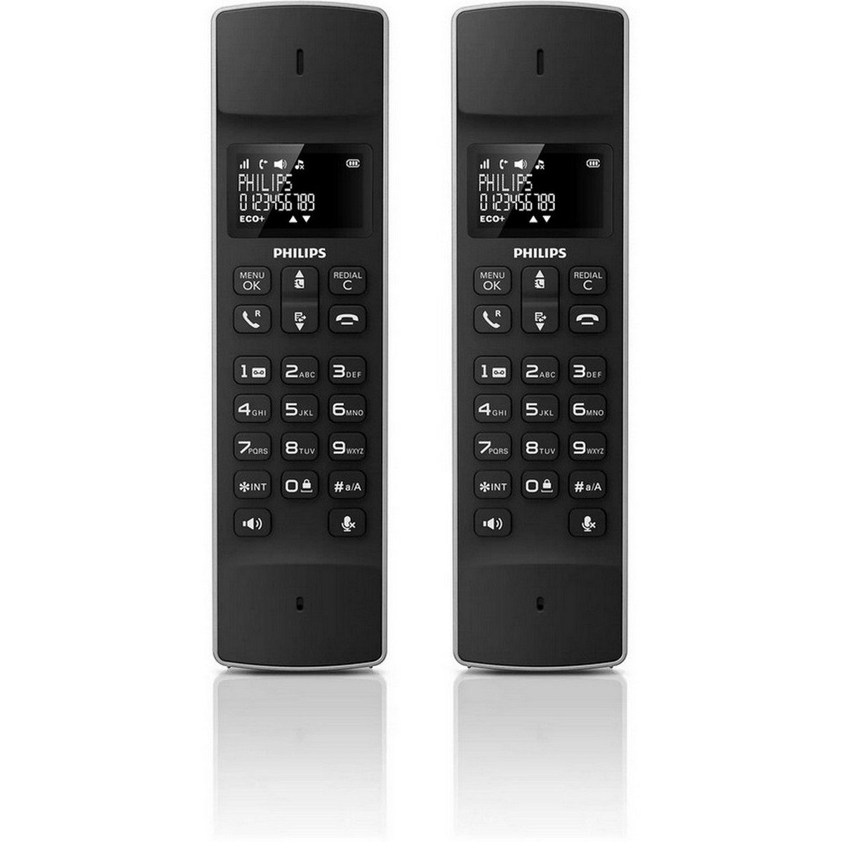 Dos teléfonos inalámbricos negros. Cada uno con botones y pantalla. Fondo blanco.