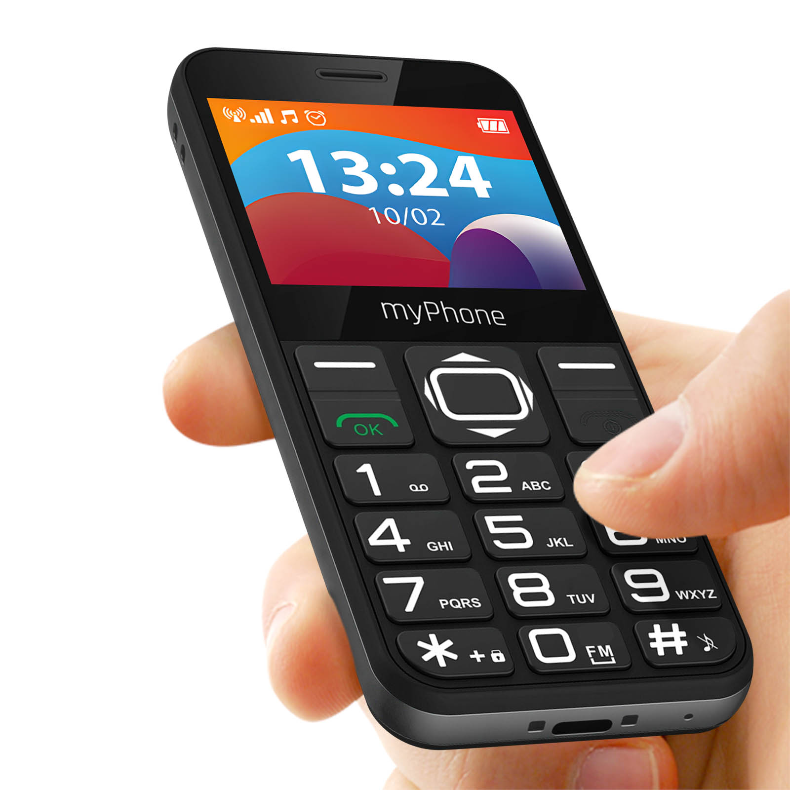 myPhone negro con botones grandes, sostenido por una mano.