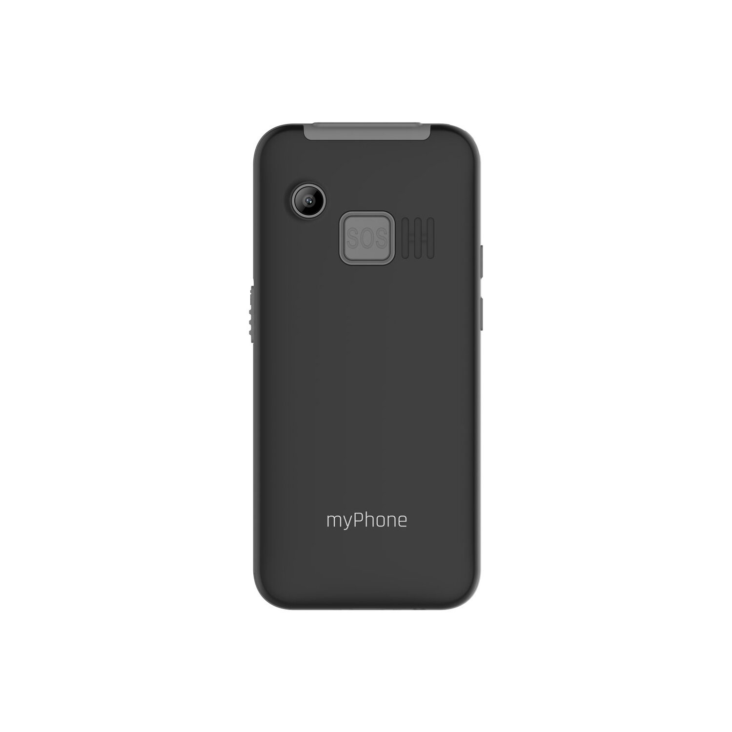 Teléfono plegable gris oscuro, vista trasera. Botón SOS, cámara y texto 'myPhone'.
