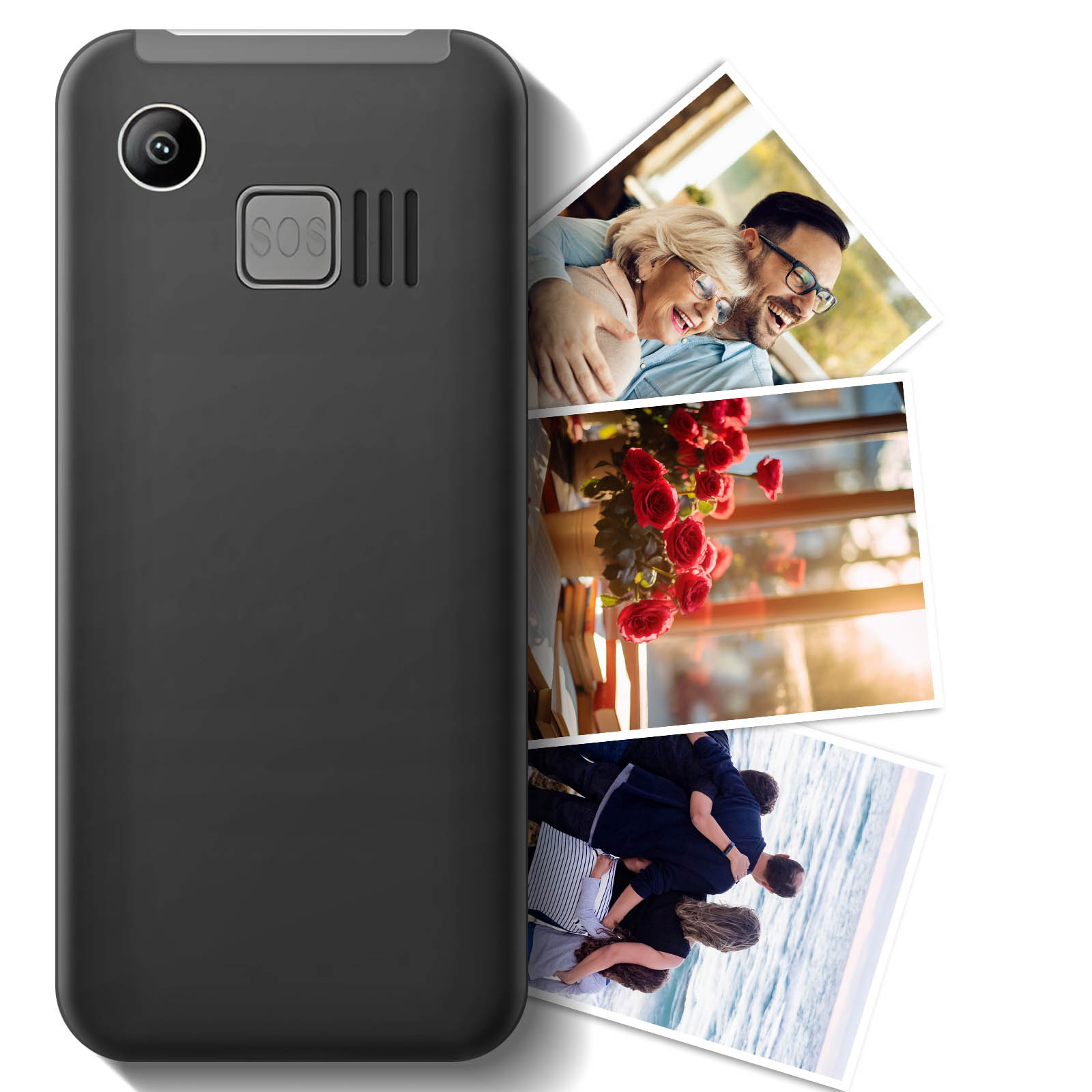 Teléfono móvil negro con fotos de familia y flores en la parte trasera.