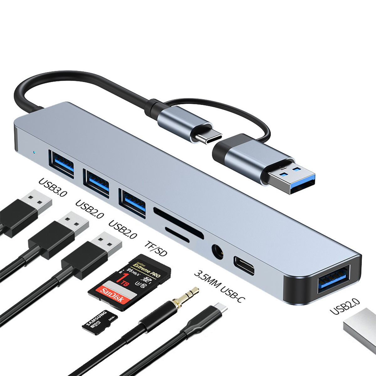 Ein USB-Hub mit mehreren USB-Anschlüssen, SD-Kartensteckplatz und anderen Anschlüssen. Weißer Hintergrund.