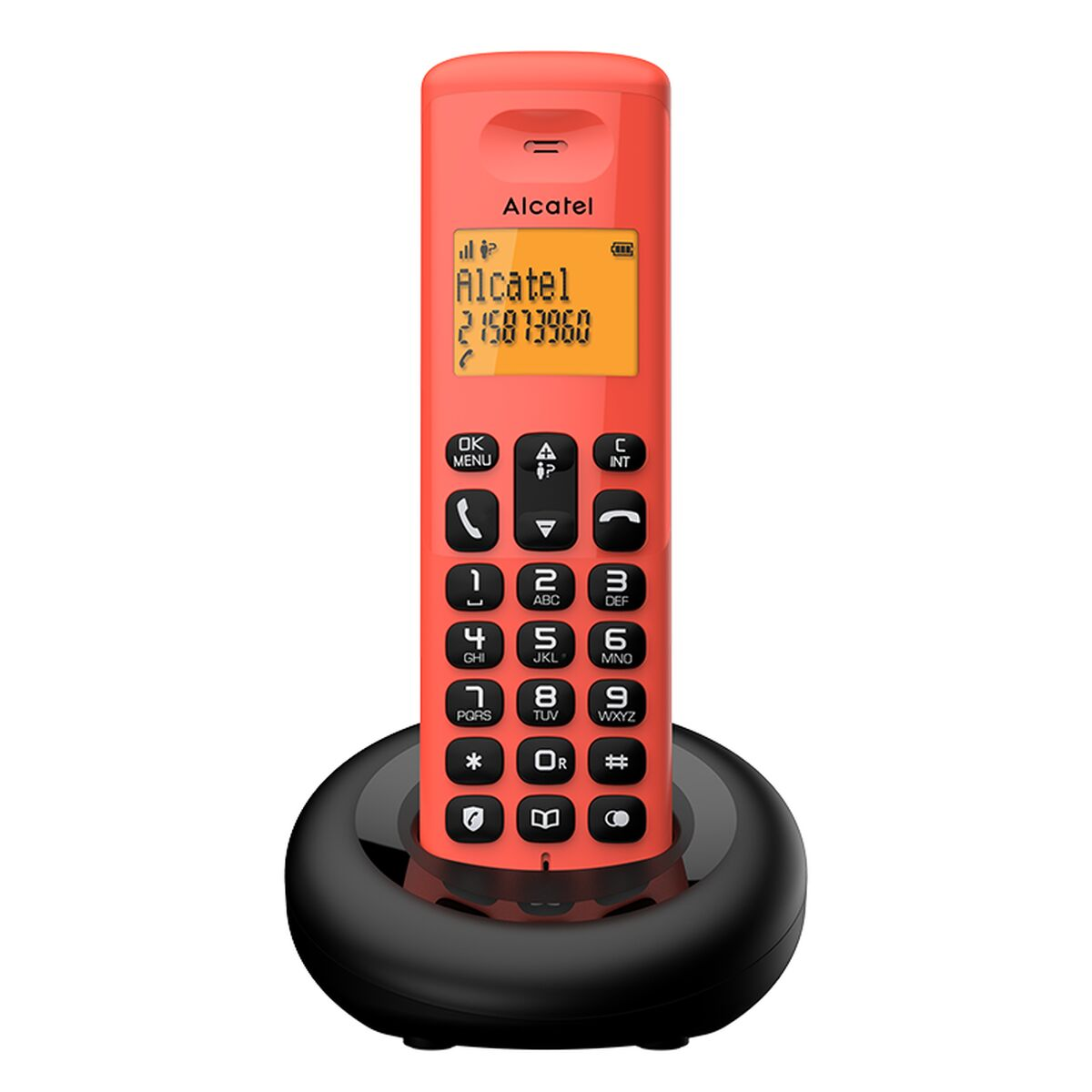 Un telefono cordless Alcatel arancione corallo nella sua base di ricarica nera.