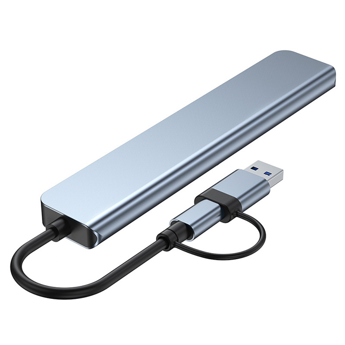 Silberner USB-Hub mit angeschlossenem schwarzem USB-Kabel.
