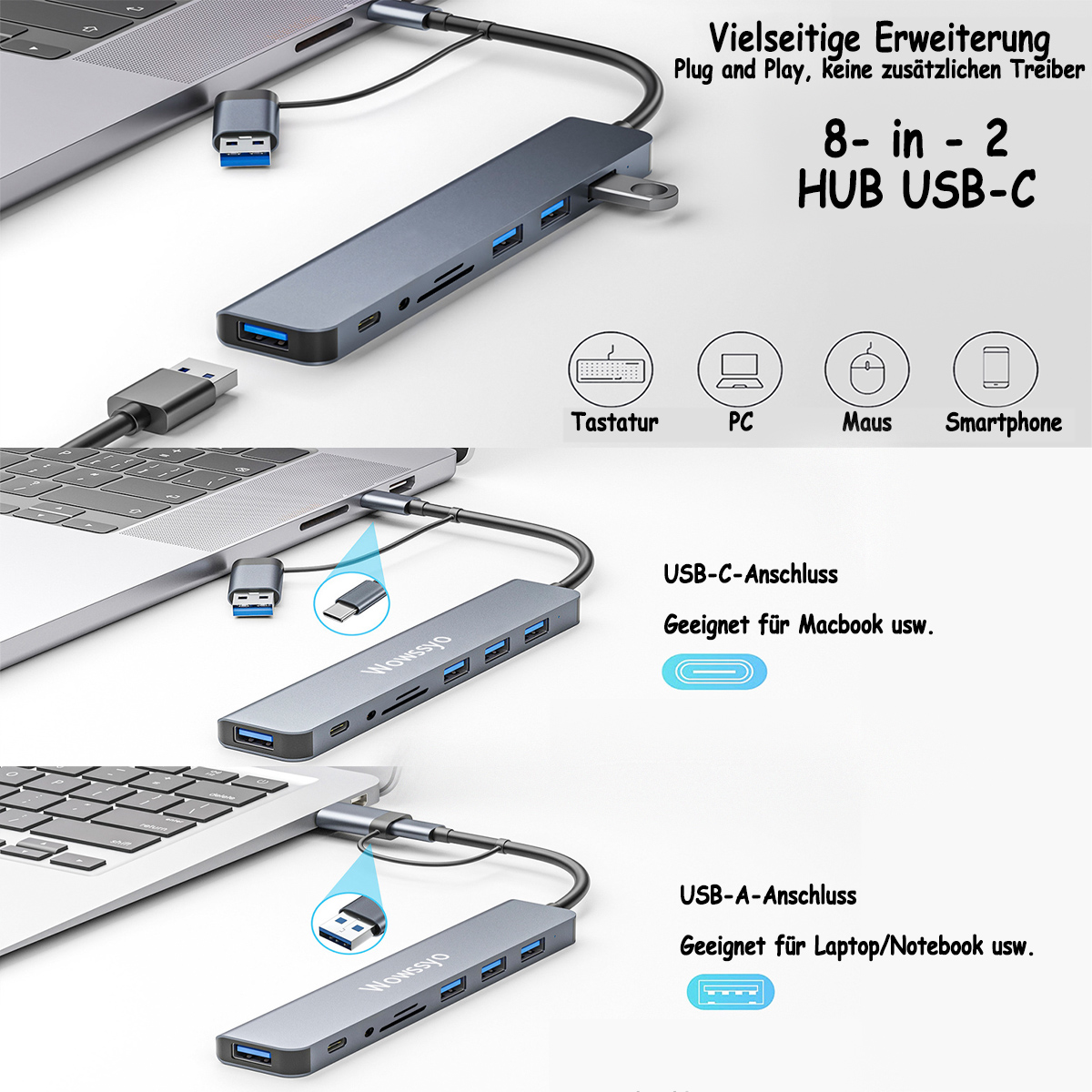 Ein USB-C-Hub, der mit einem Laptop verbunden ist, mit Diagrammen verschiedener Anschlüsse.
