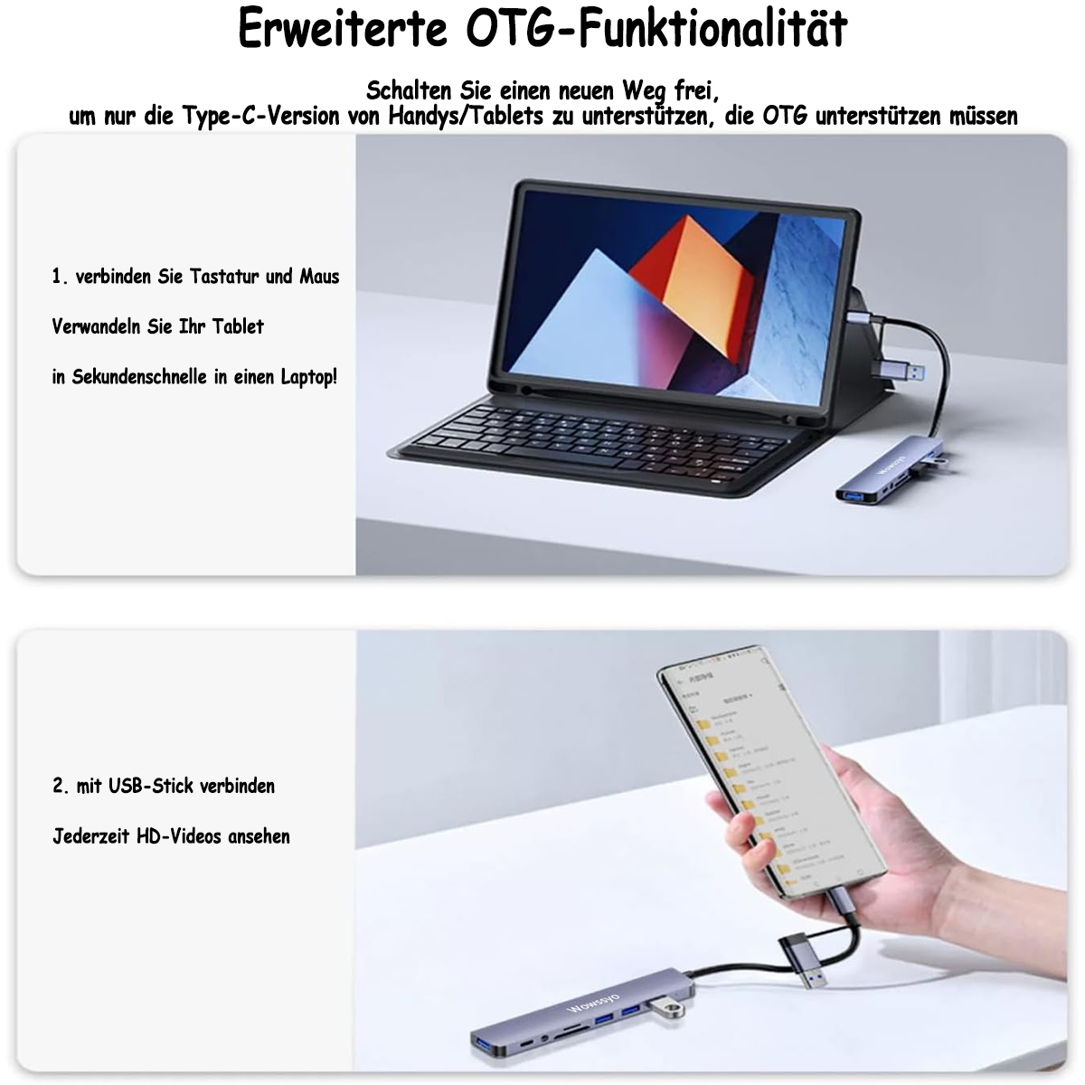 Ein Tablet, das an eine Tastatur und einen USB-Hub angeschlossen ist, und ein Telefon, das an einen USB-Hub angeschlossen ist.