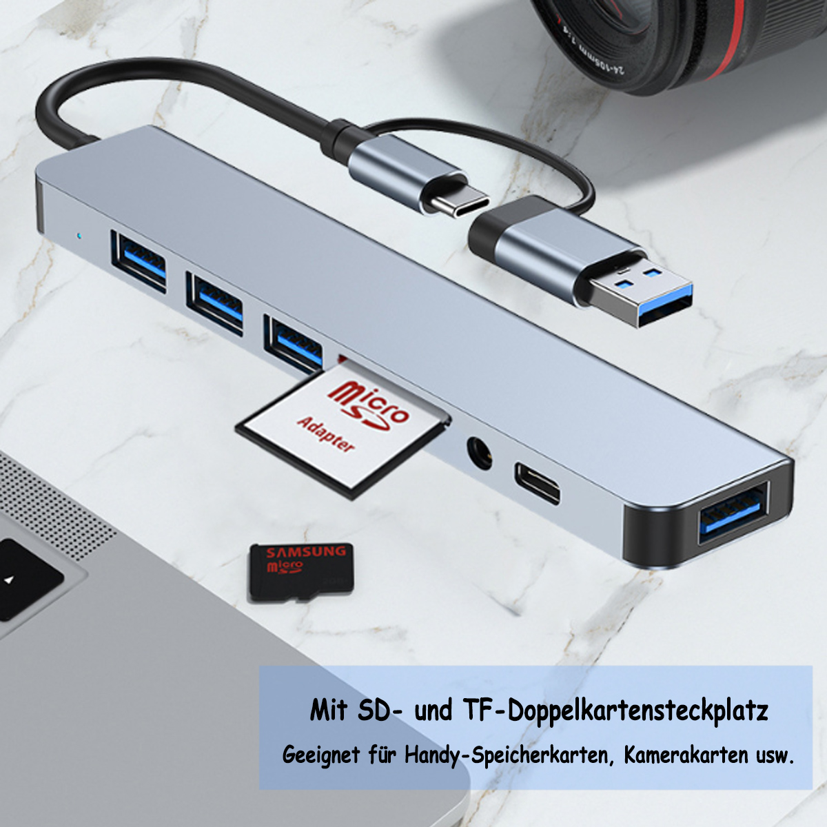 Silberner USB-Hub mit USB-Anschlüssen, einem Micro-SD-Adapter und einem USB-C-Anschluss.