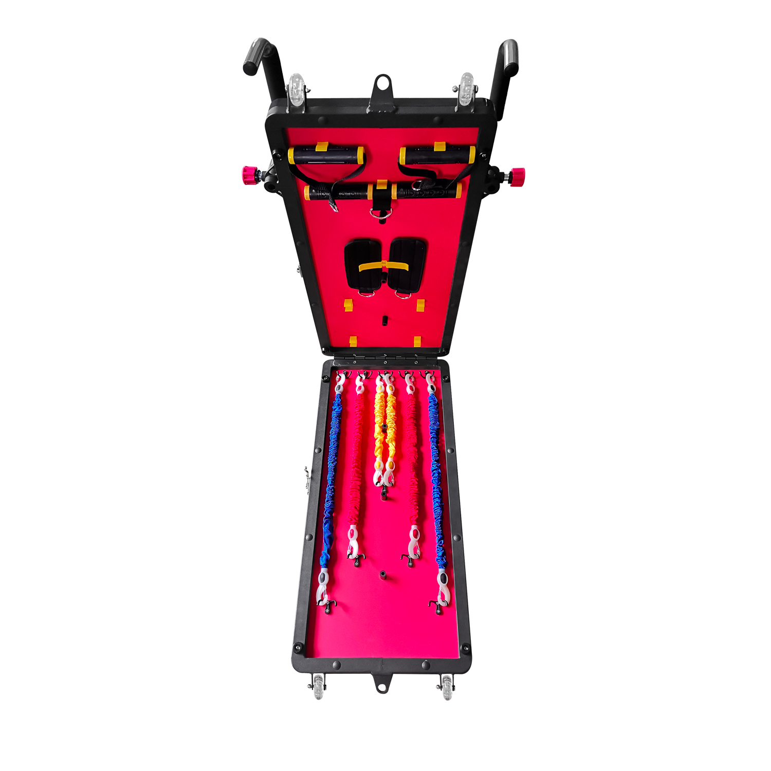 Roter und schwarzer medizinischer Geräte-Koffer, geöffnet, mit Gurten und Vorräten.