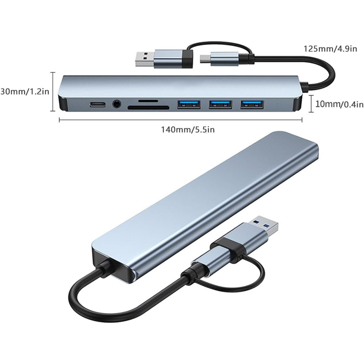 Ein silberner Hub mit USB- und anderen Anschlüssen und einem Kabel. Der Hub ist mit Maßen versehen.