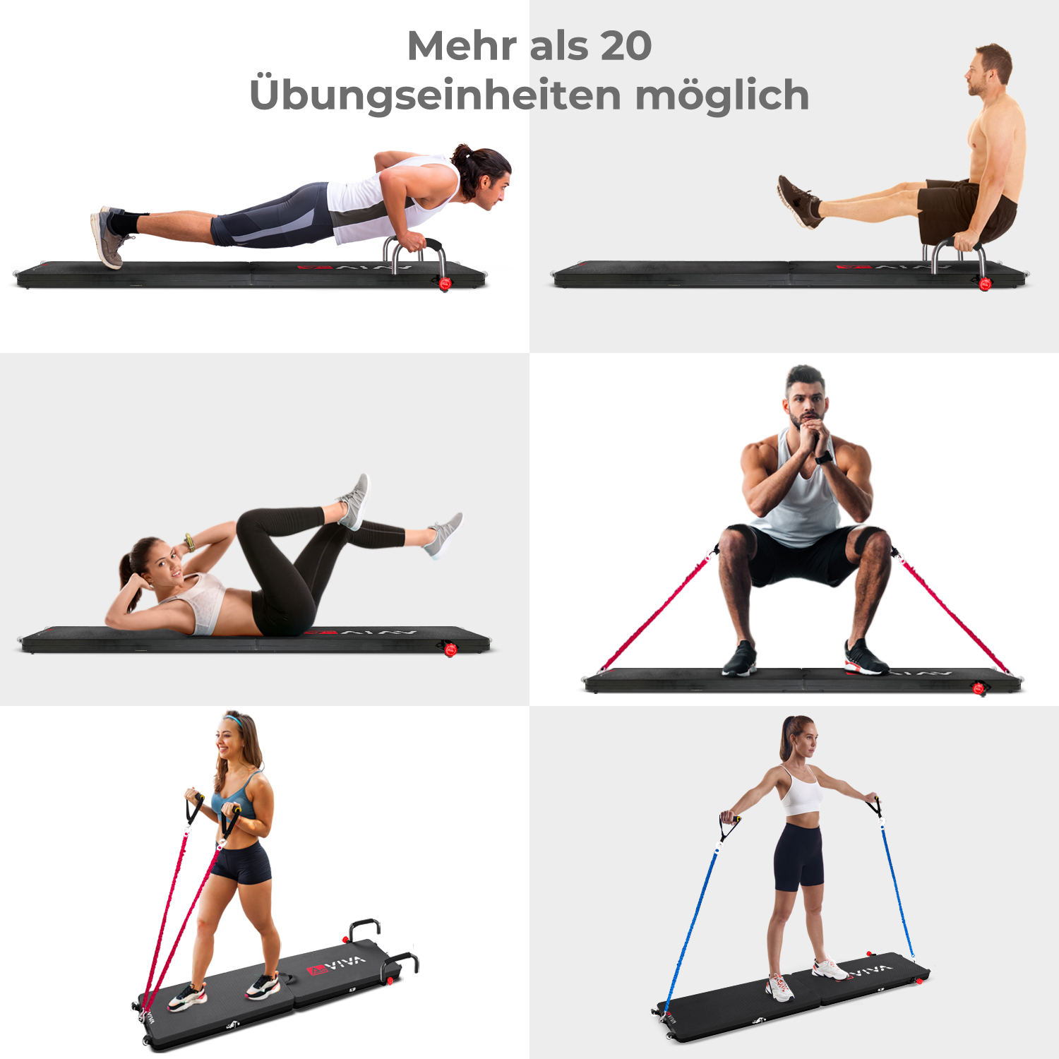 Mehrere Personen trainieren auf einer schwarzen Trainingsmatte. Mehrere Übungen.