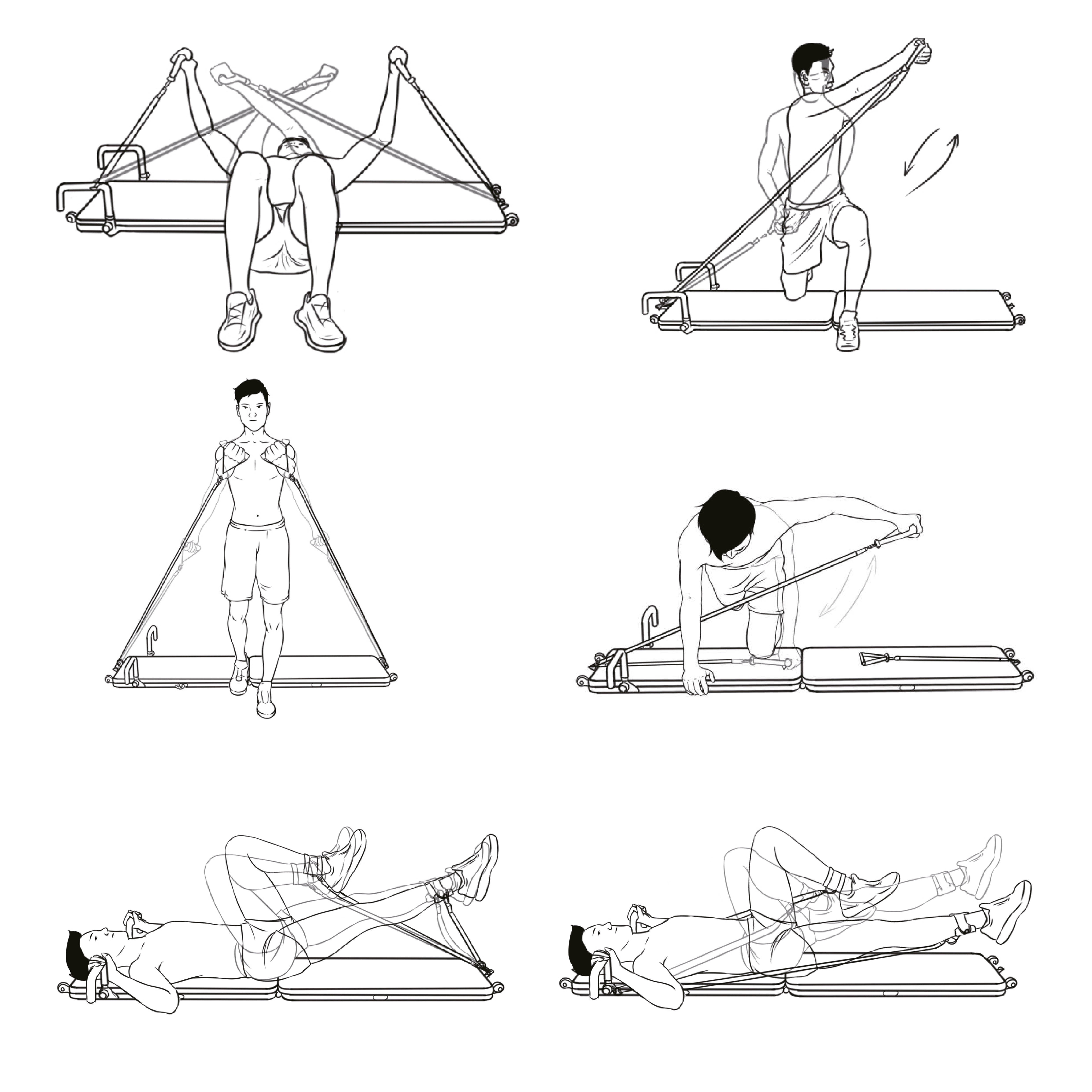 Strichzeichnungen, die verschiedene Übungen mit einem Fitnessgerät demonstrieren.