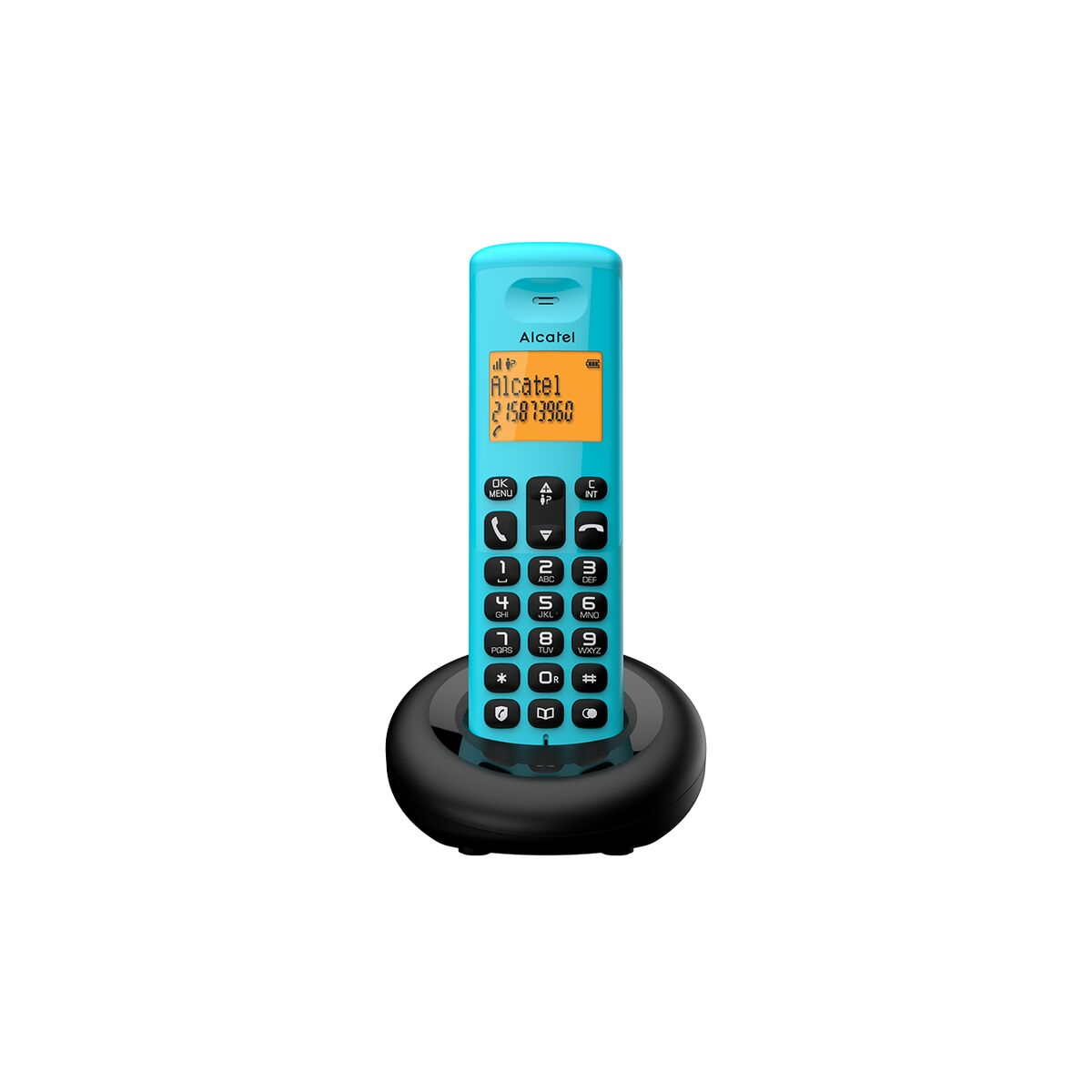 Un telefono cordless turchese con base nera su sfondo bianco.