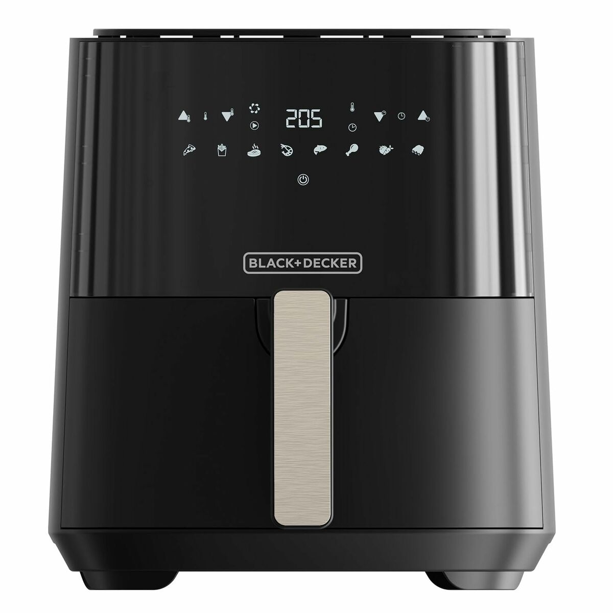 Zwarte airfryer met digitaal display, met instellingen en temperatuur. Zwarte achtergrond.