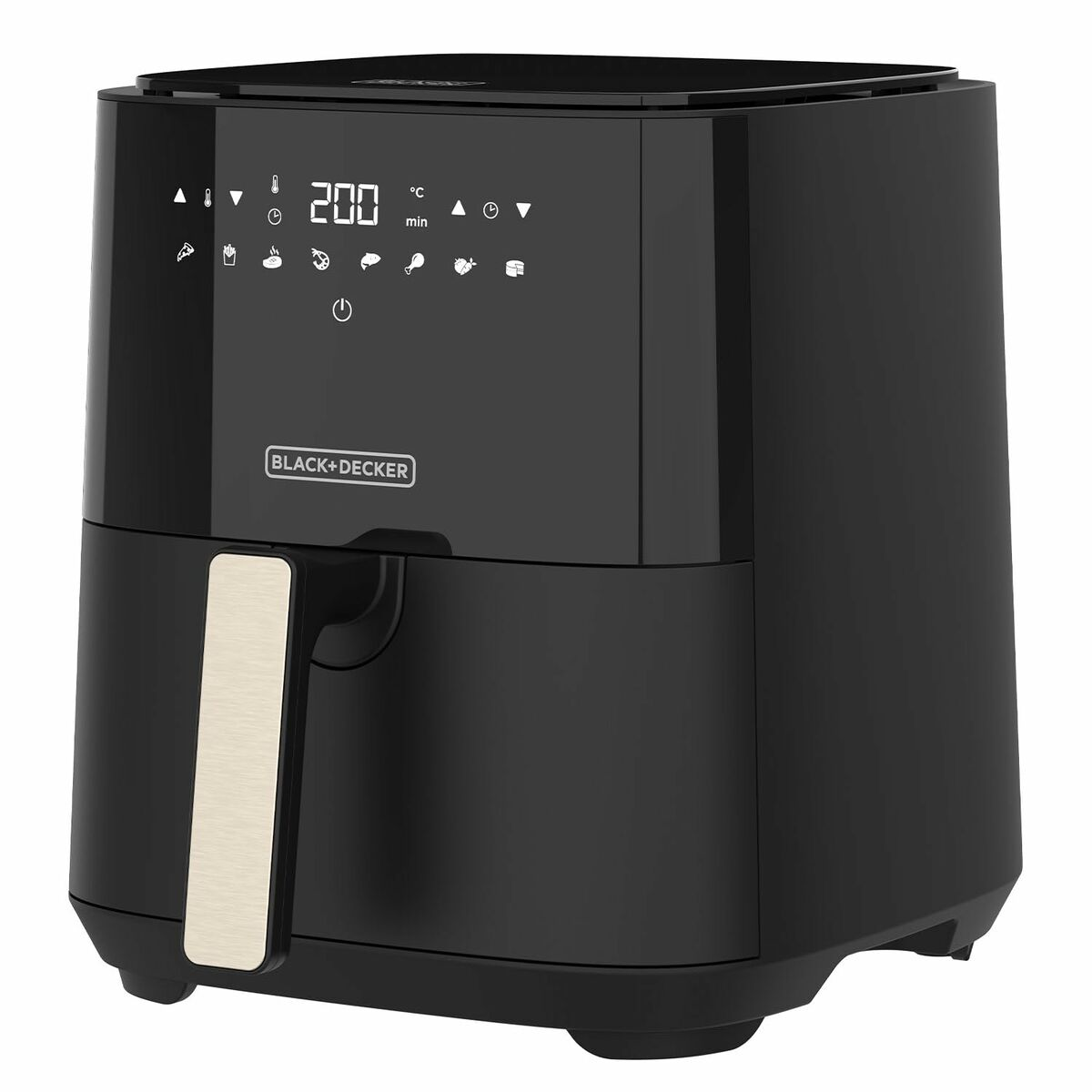 Een zwarte airfryer met een digitaal display. Het heeft een handvat en bedieningselementen.