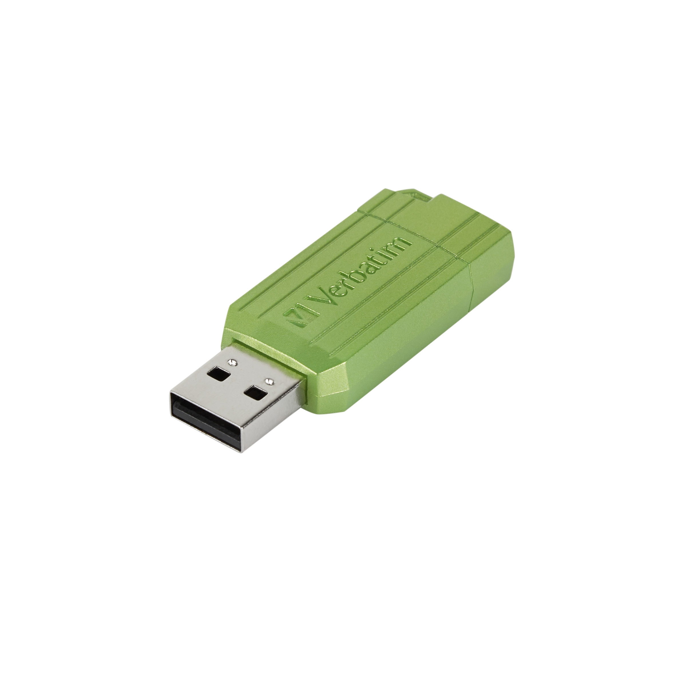 Una chiavetta USB Verbatim verde su sfondo bianco. L'unità è rettangolare con il logo.