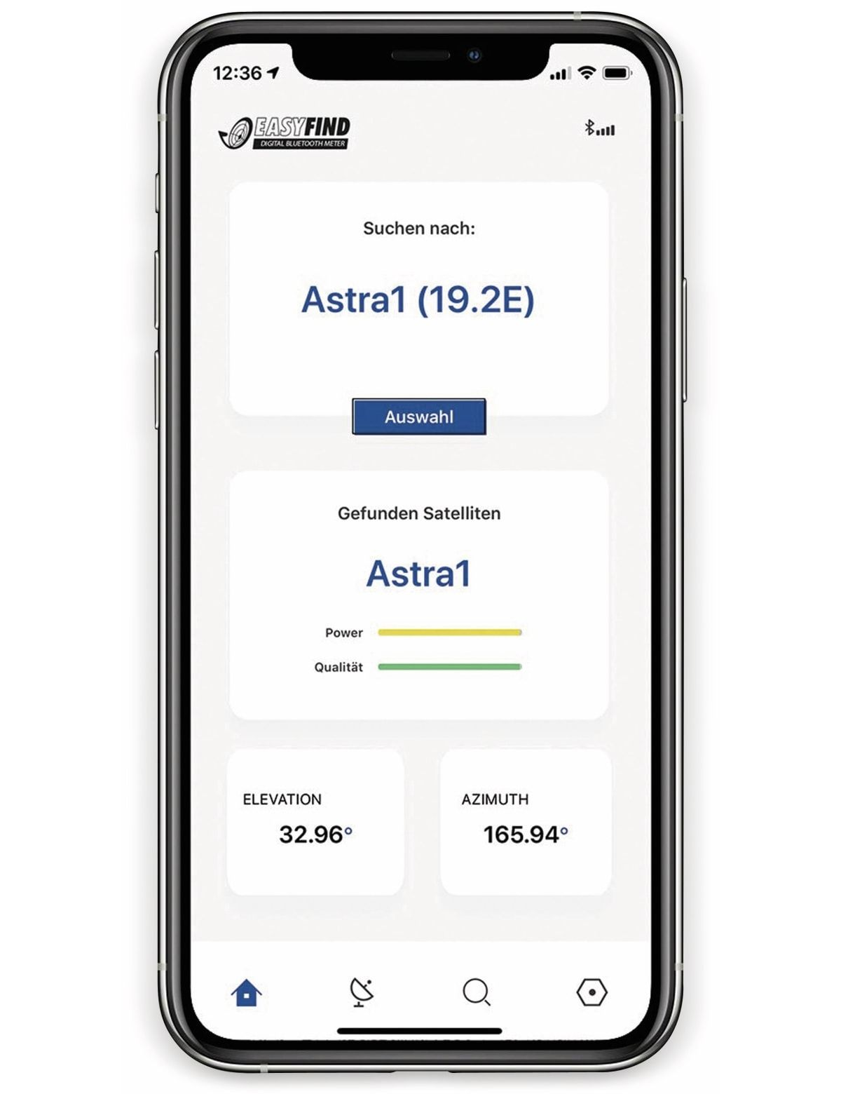 Smartphone-Bildschirm mit App zur Satellitenfindung mit Daten.