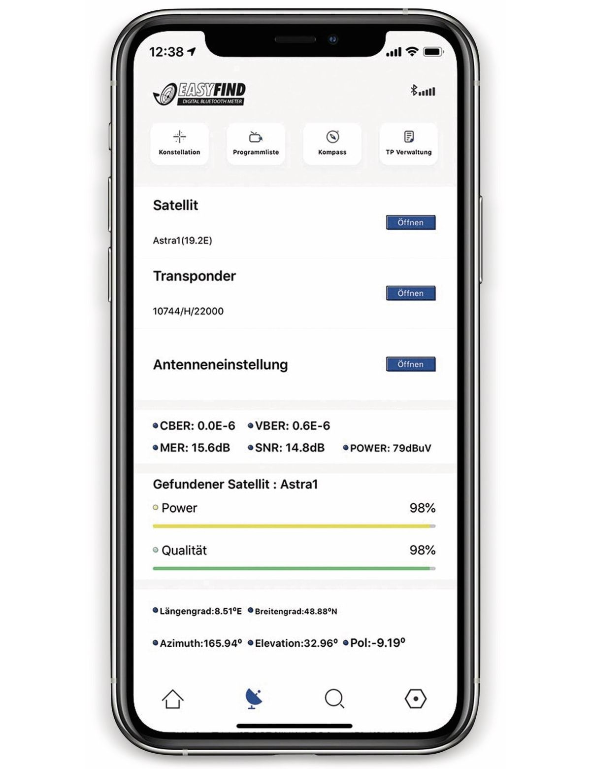 Ein Smartphone-Bildschirm zeigt eine App mit Informationen über Satellitensignale.