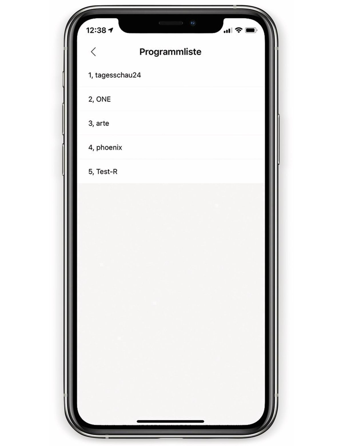 Ein Smartphone, das eine Liste von Fernsehprogrammen auf einem weißen Bildschirm anzeigt.
