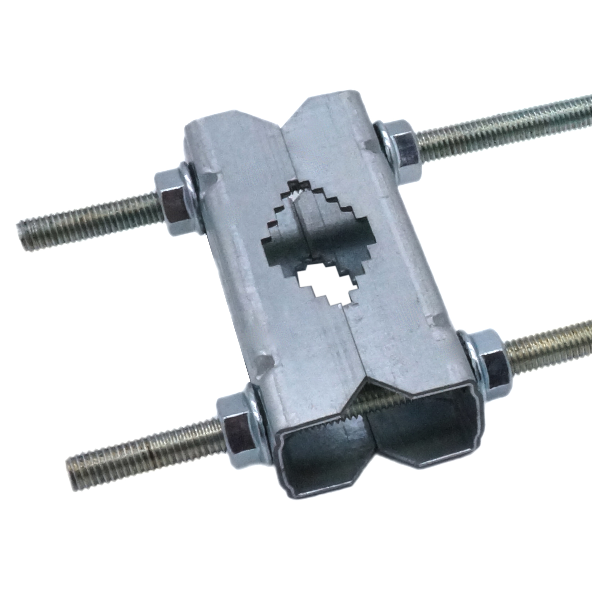 Eine Metallklemme mit Schrauben und Muttern, die dazu dient, zwei Teile zusammenzuhalten.