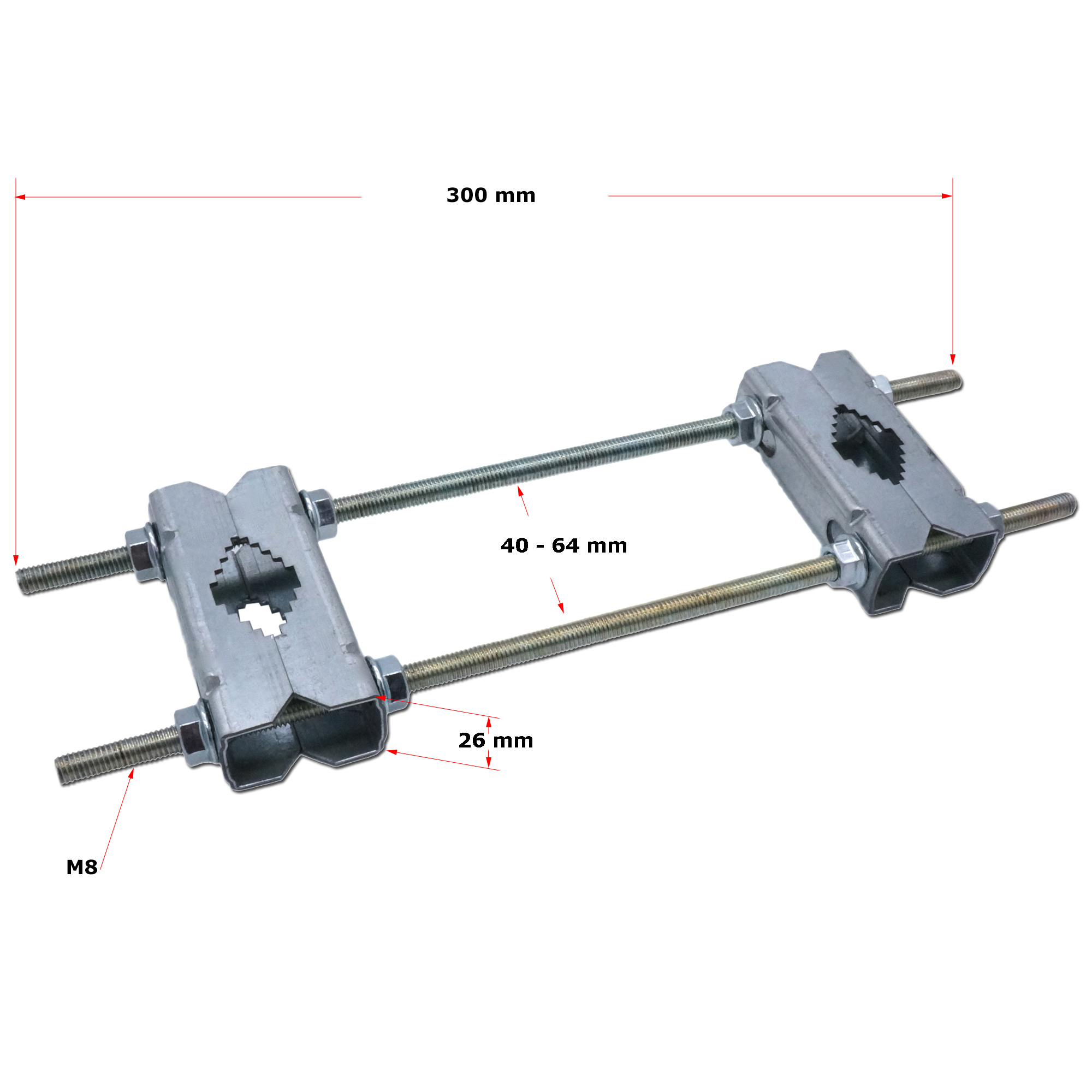 Metallhalterung mit Schrauben, Muttern und Maßen: 300 mm, 40-64 mm, 26 mm, M8.