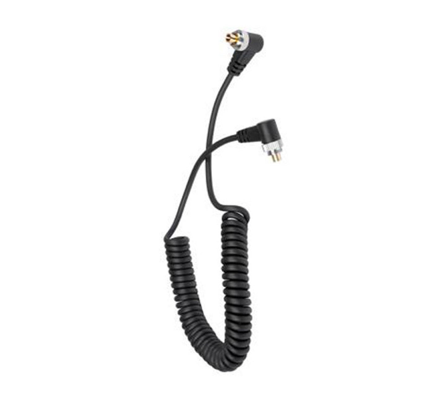 Ein schwarzes Spiralkabel mit Anschlüssen an beiden Enden. Ein Ende ist ein rechtwinkliger Stecker.