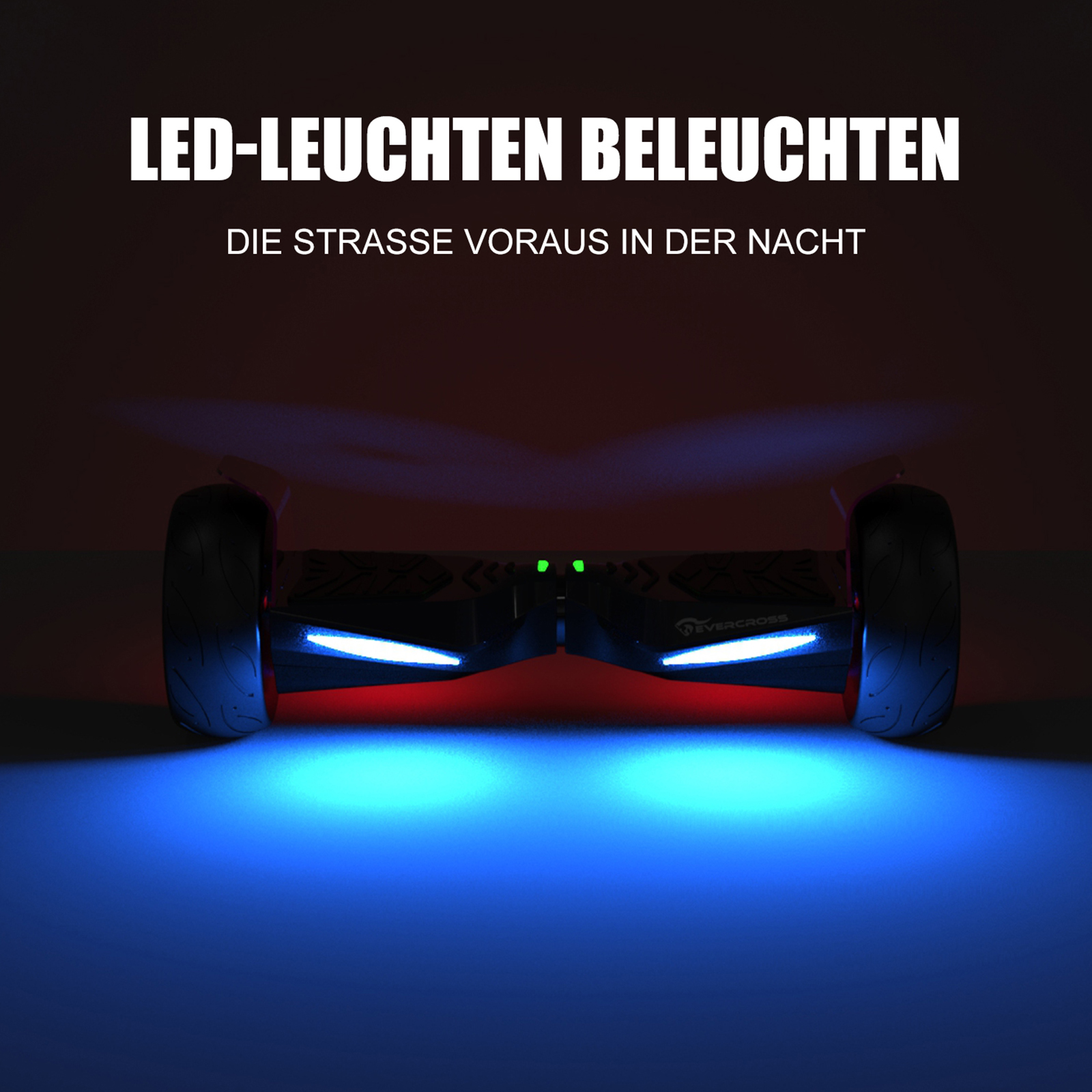 Hoverboard with blue and red lights, black wheels, and text about illuminating the road.
