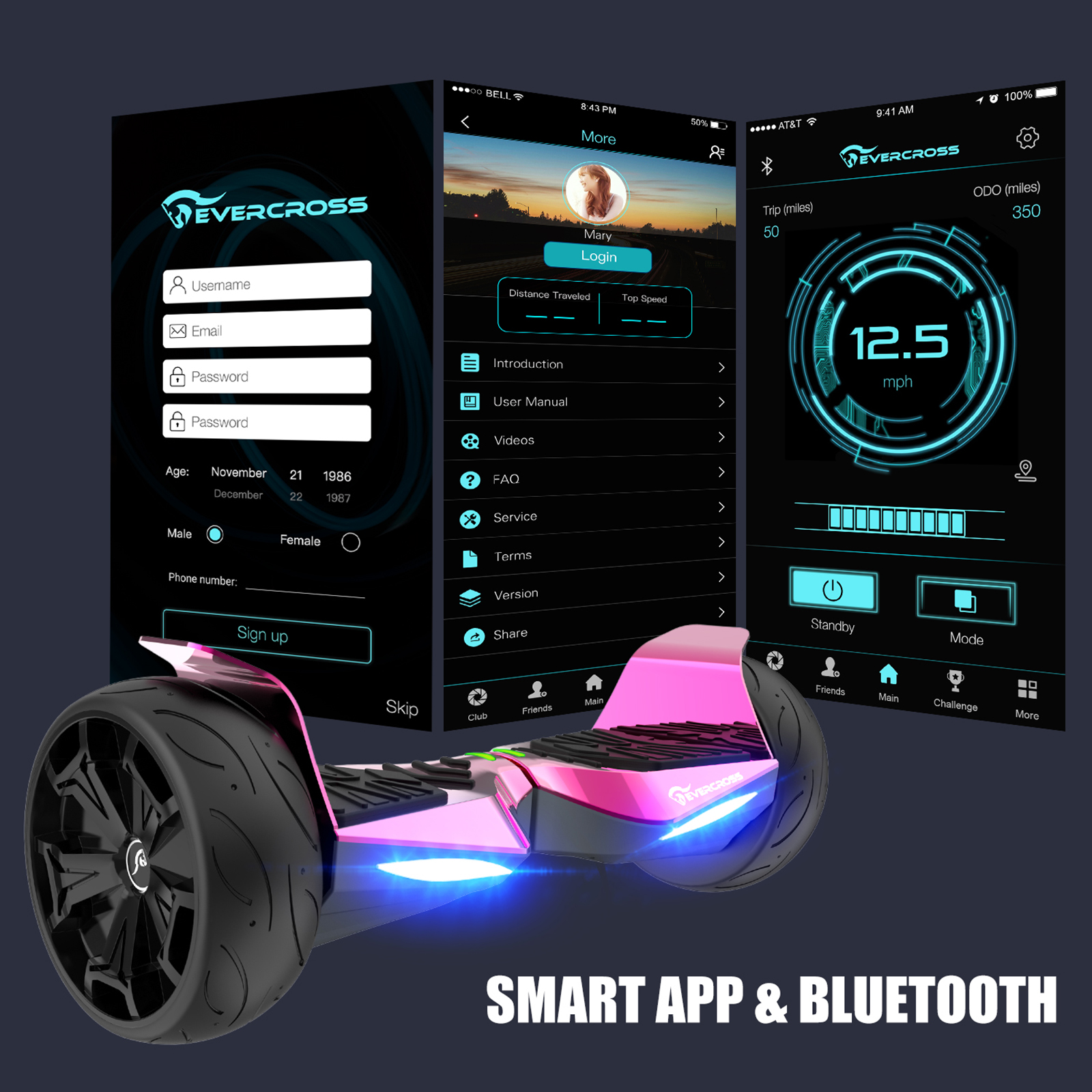 A pink self-balancing scooter with app screens showing login and speed information.