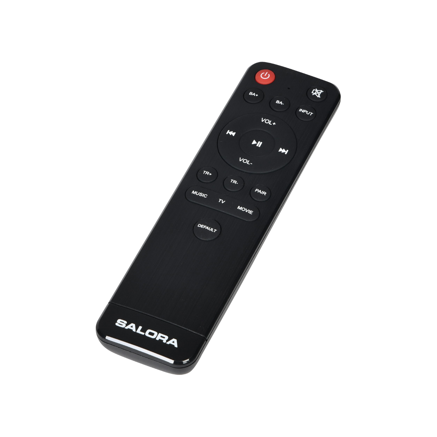 Télécommande noire avec boutons pour volume, chaînes et alimentation.