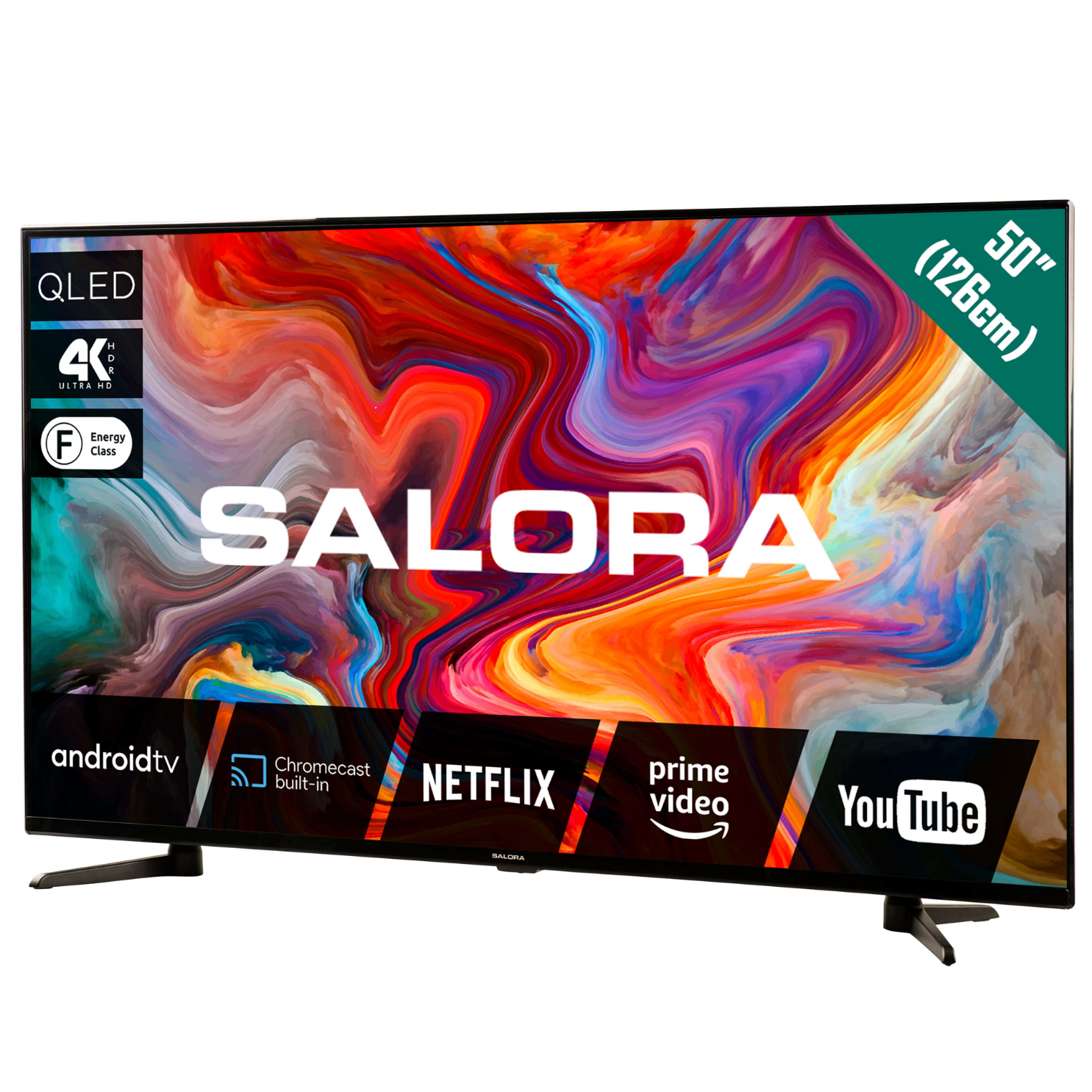 50-inch Salora TV. Displays Android TV, Netflix, Prime Video, and YouTube logos.