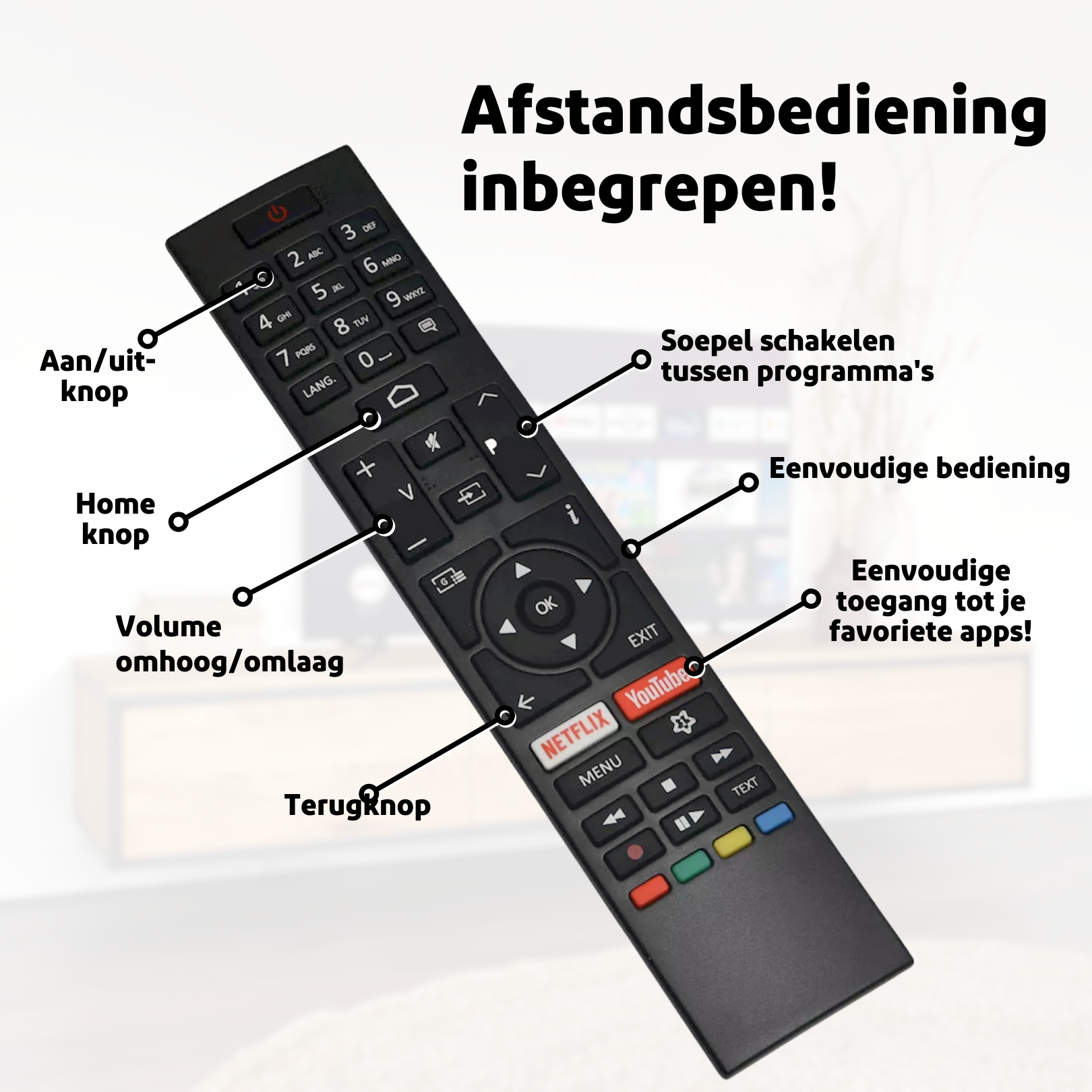Black remote control with labeled buttons. Text in Dutch. Netflix and YouTube are labeled.