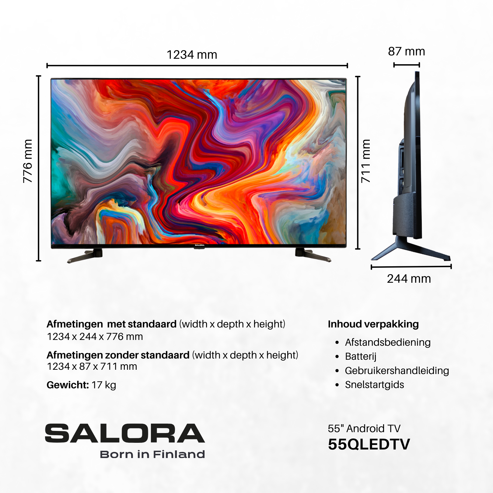 A television with dimensions and packaging details, with a 55" Android TV label.