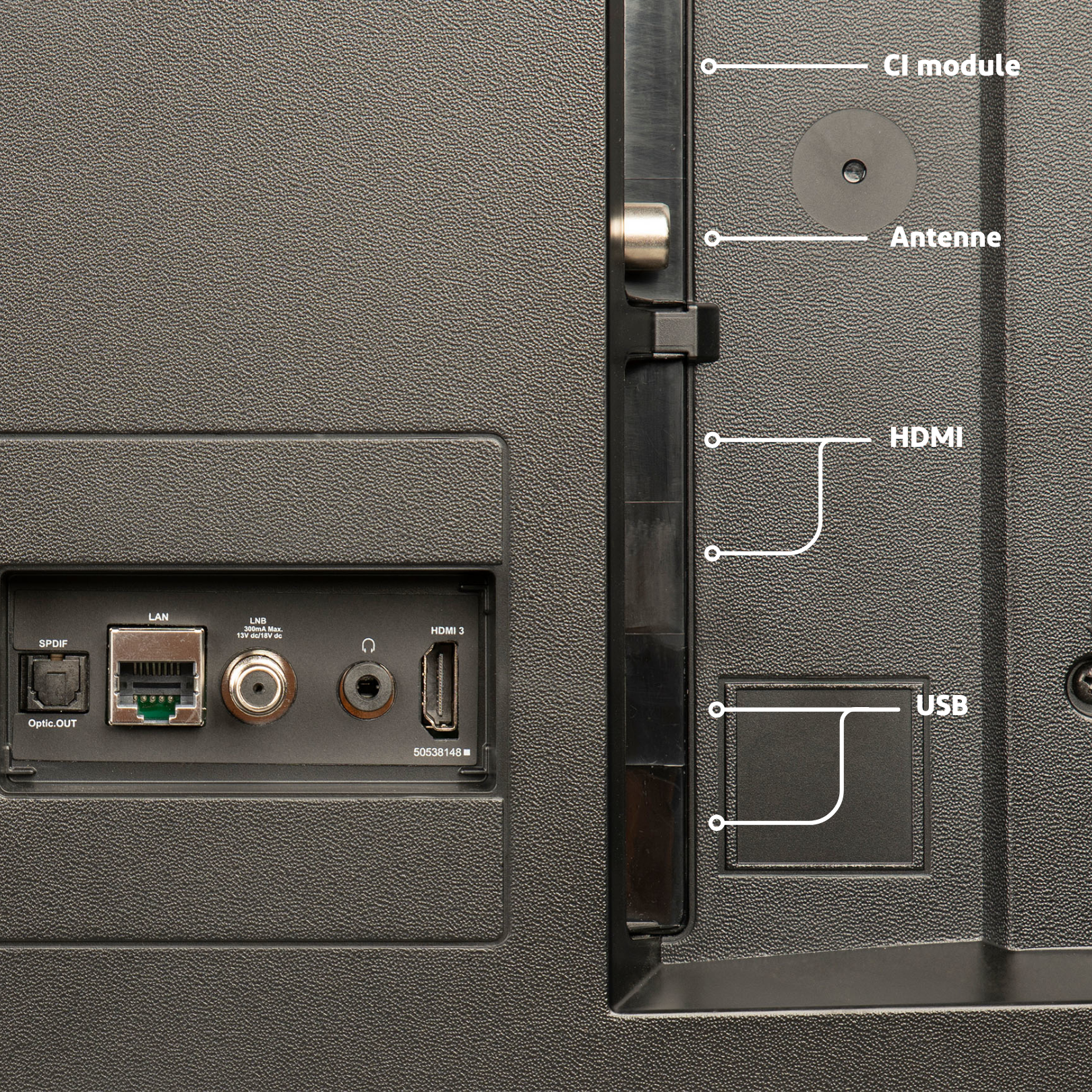 Close-up of TV ports: LAN, HDMI, USB, and other connectors.