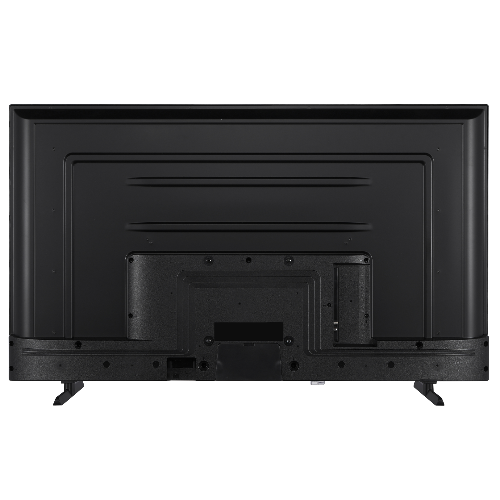 Back of a black TV. Shows a variety of ports and connections. The feet are on the bottom corners.