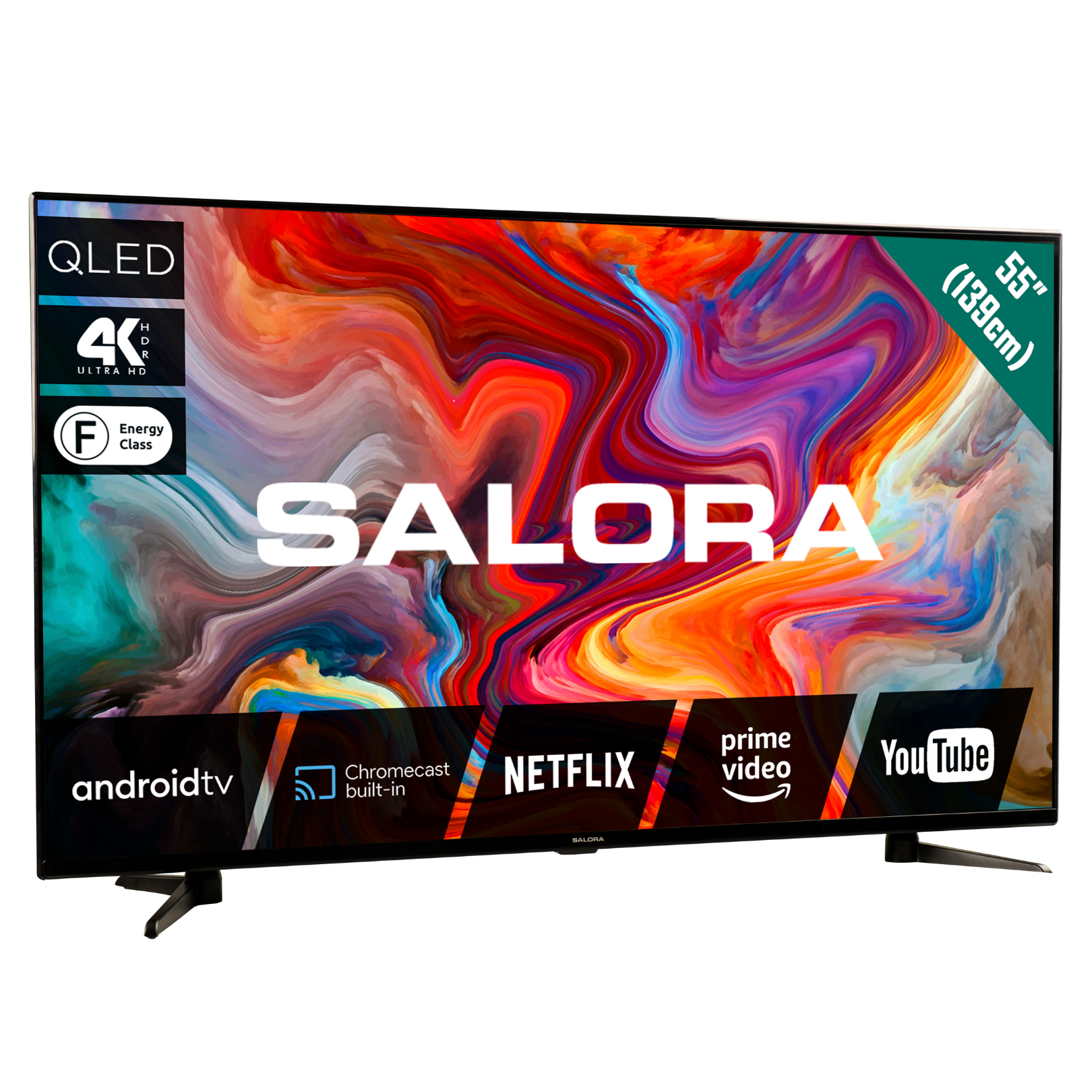 A 55-inch QLED TV with the Salora brand, displaying a colorful image and logos.
