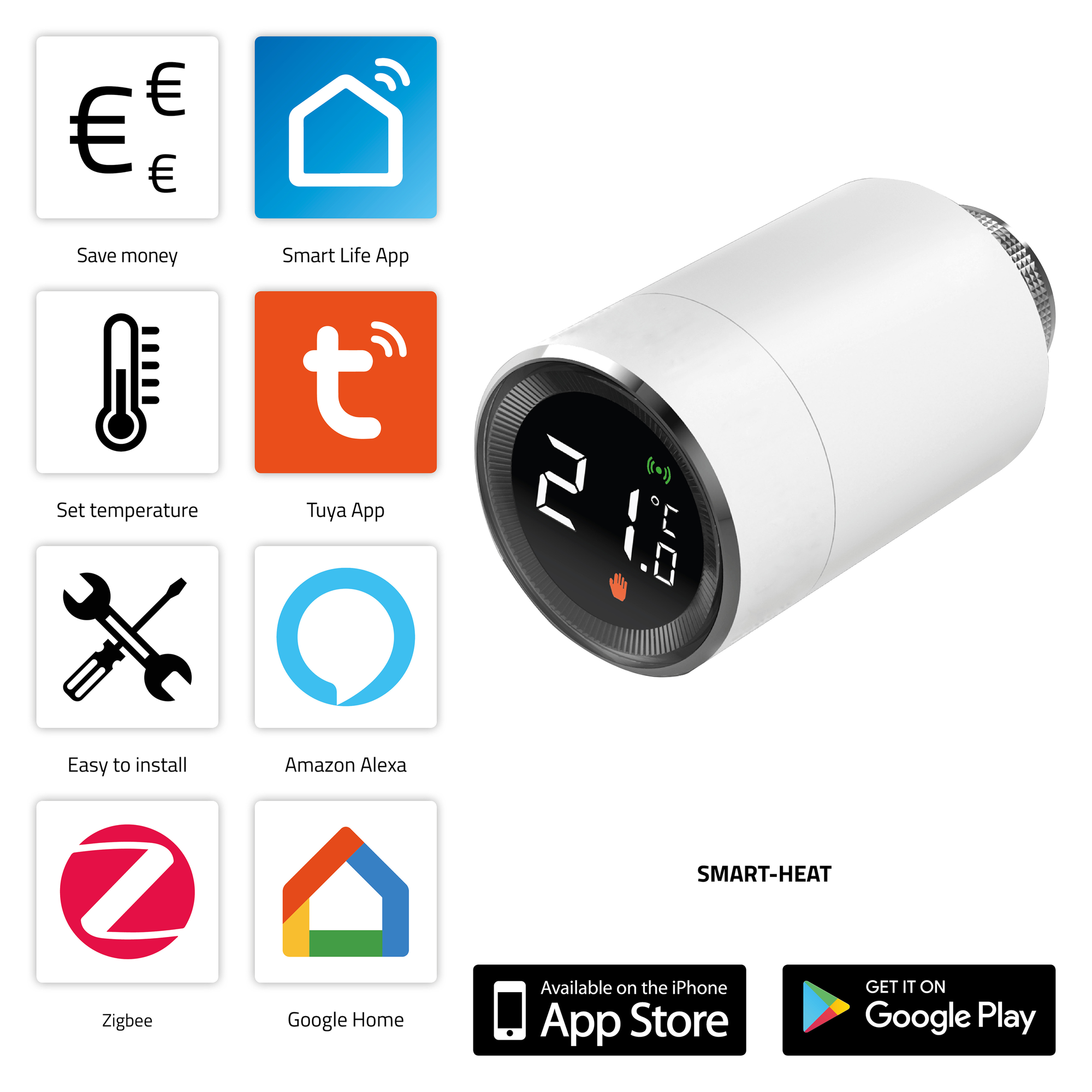 Weißes intelligentes Thermostat mit Symbolen für Temperatur, Geld und Apps.