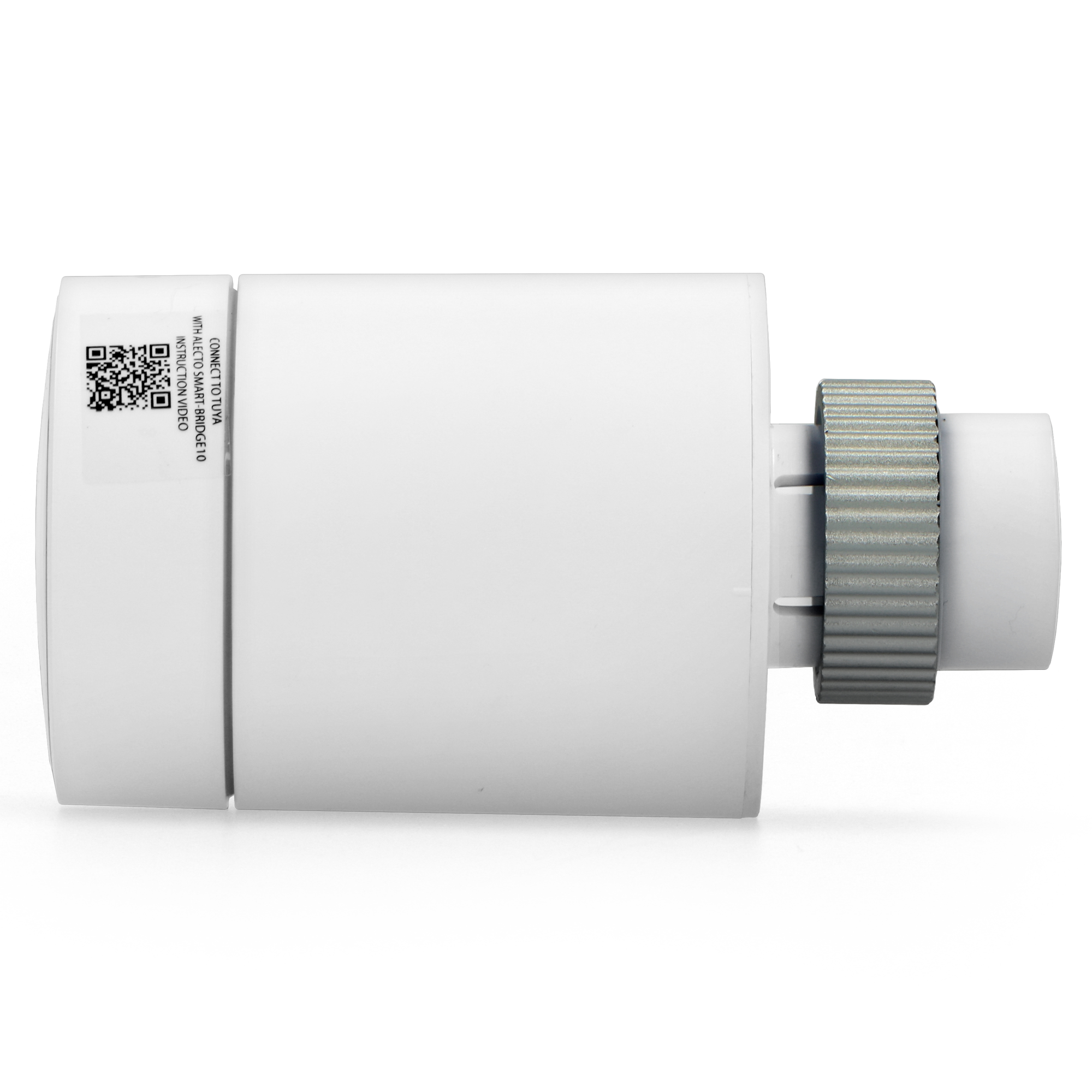 Weißer intelligenter Thermostat mit grauem Einstellring. Weißer Hintergrund.