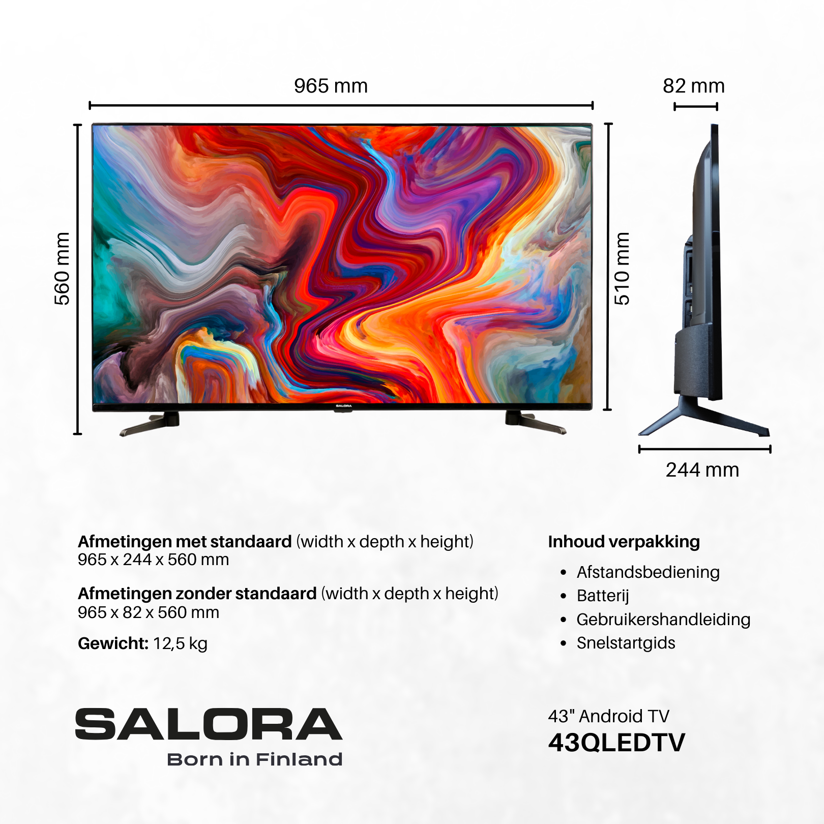 Ein 43-Zoll-Android-TV mit Abmessungen und Funktionen, einschließlich Fernbedienung, Akku und Kurzanleitung.